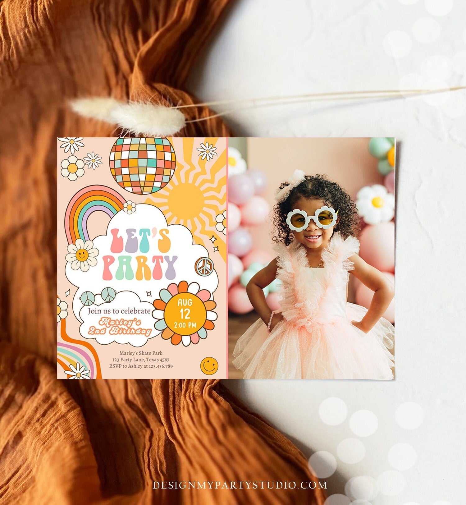 Editable Groovy Birthday Party Invitation Let's Party Birthday Smiley Boho Retro Flower Power 70's Girl Download Template Corjl Digital 0459