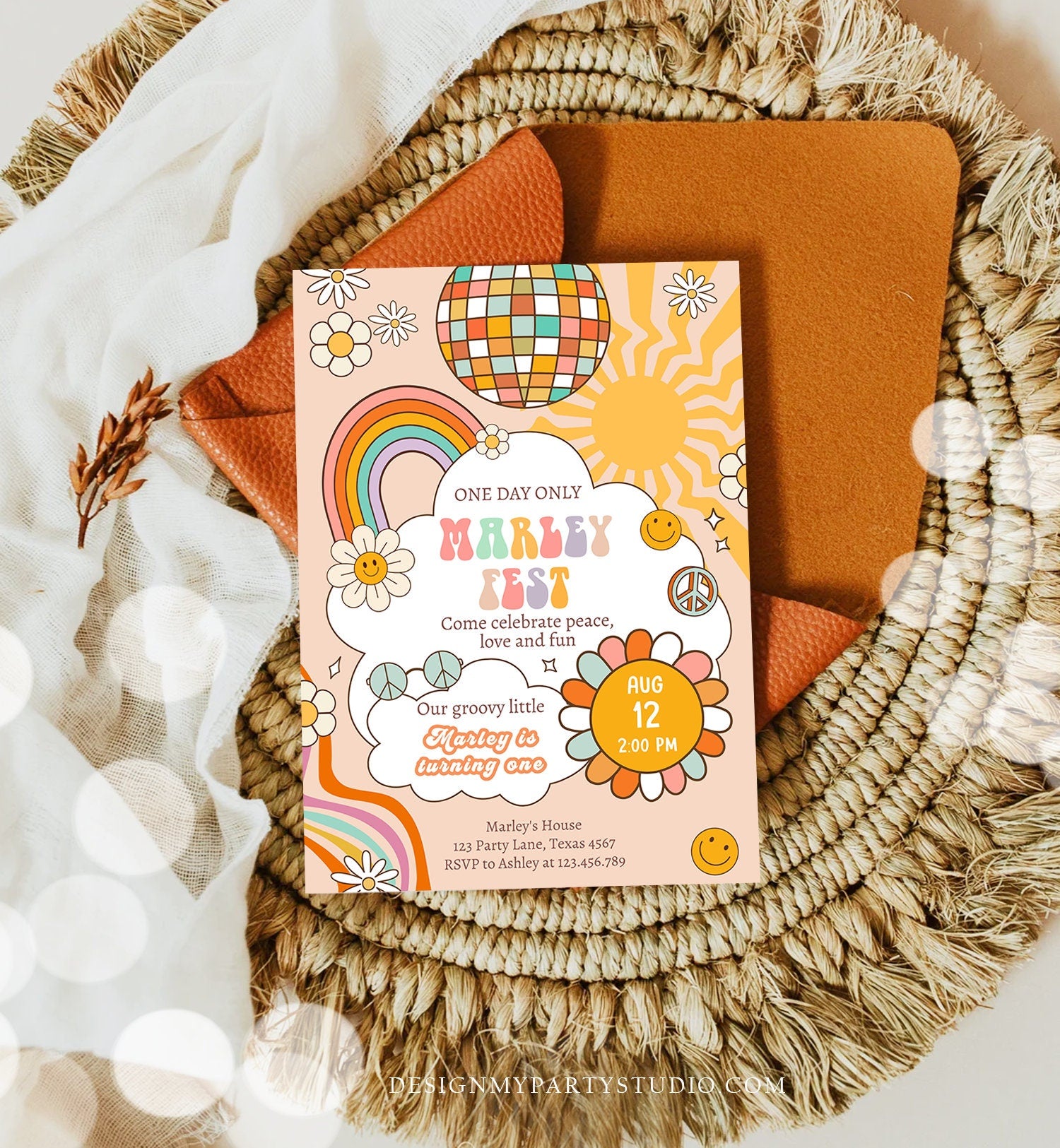 Editable Music Festival Birthday Party Invitation Floral Fest Birthday 70s 80s Groovy Peace Love Smiley Download Template Corjl Digital 0428