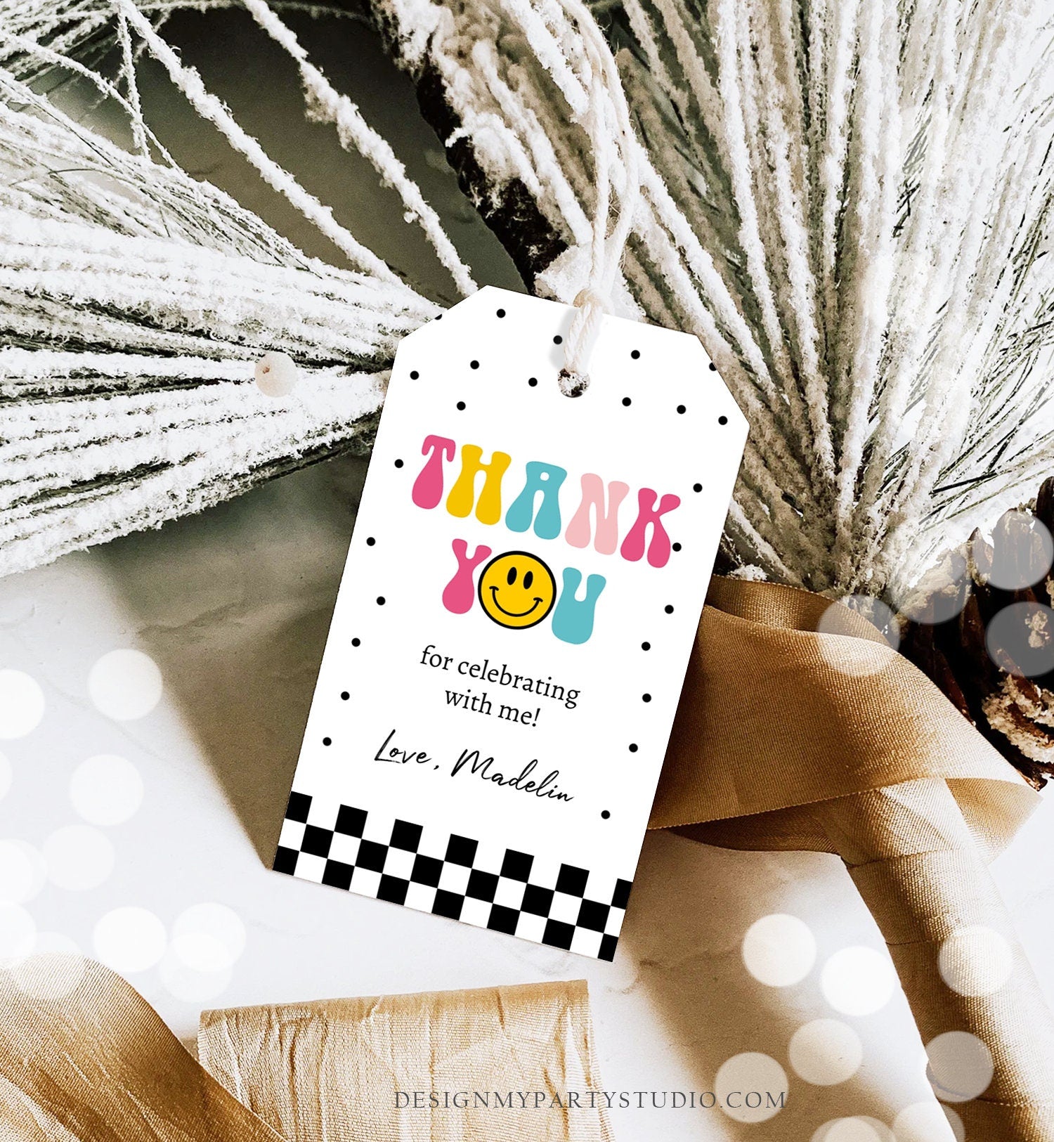 Editable One Happy Girl Birthday Favor Tags Smiley Face Thank You Tags Smiley Teen Birthday 1st Girl Gift Tag Download Corjl Template 0456