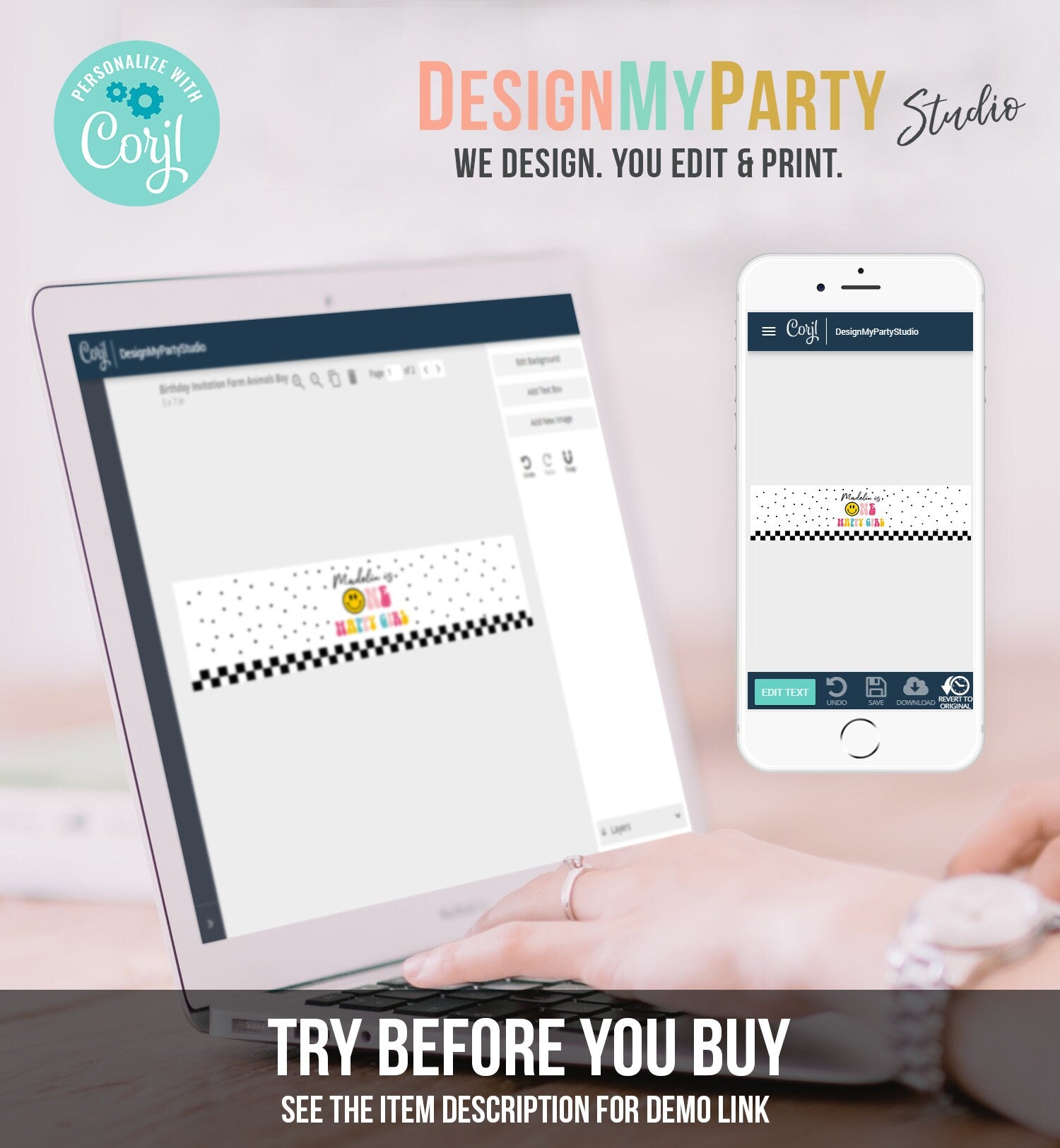 Editable One Happy Girl Birthday Water Bottle Labels Girl 1st Birthday Party Decor Smiley Face Birthday Smiley Printable Template Corjl 0456