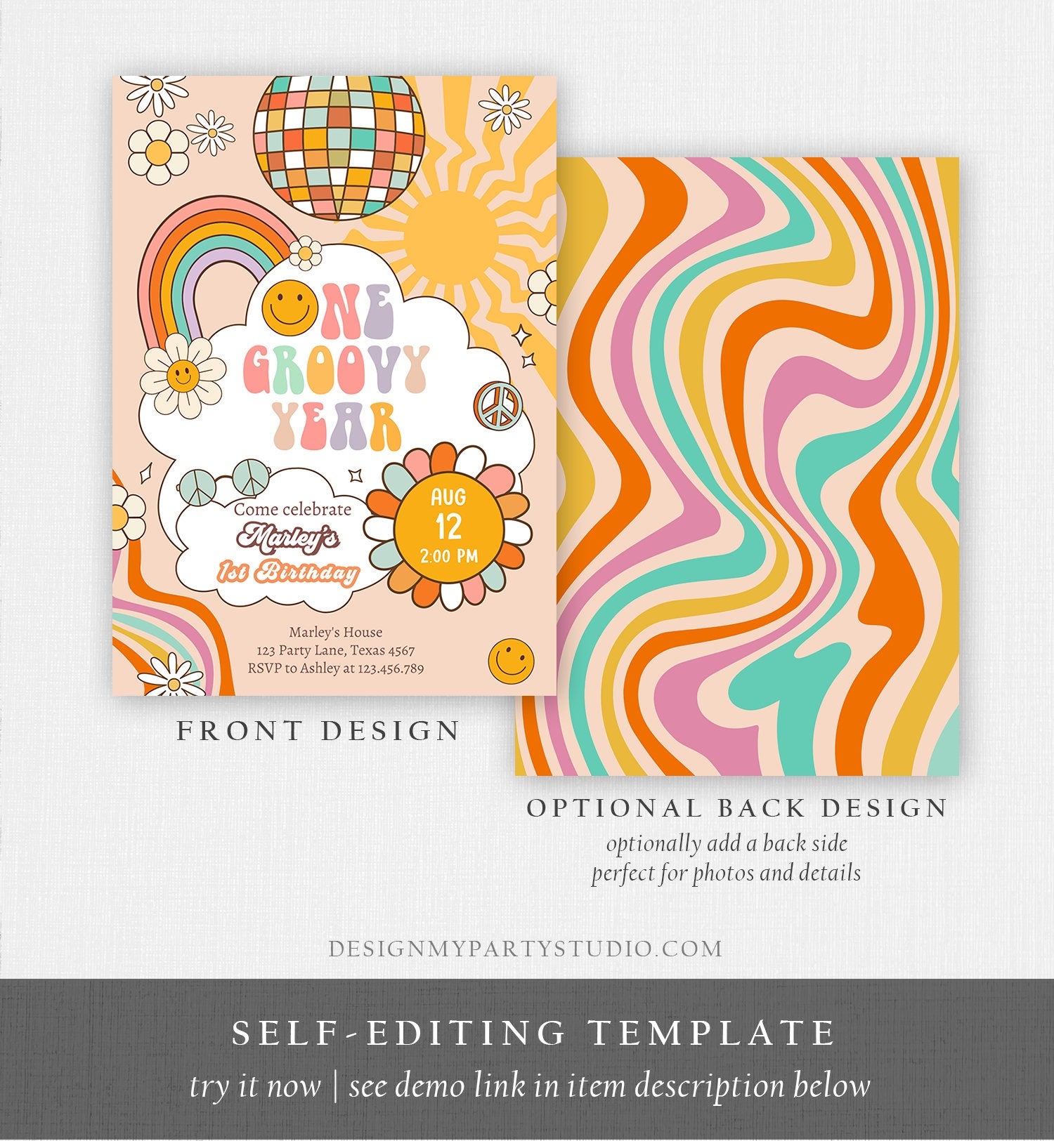 Editable Groovy One Retro 1st Birthday Invitation First Birthday One Groovy Year Invite Peace Love Download Template Corjl Digital 0459