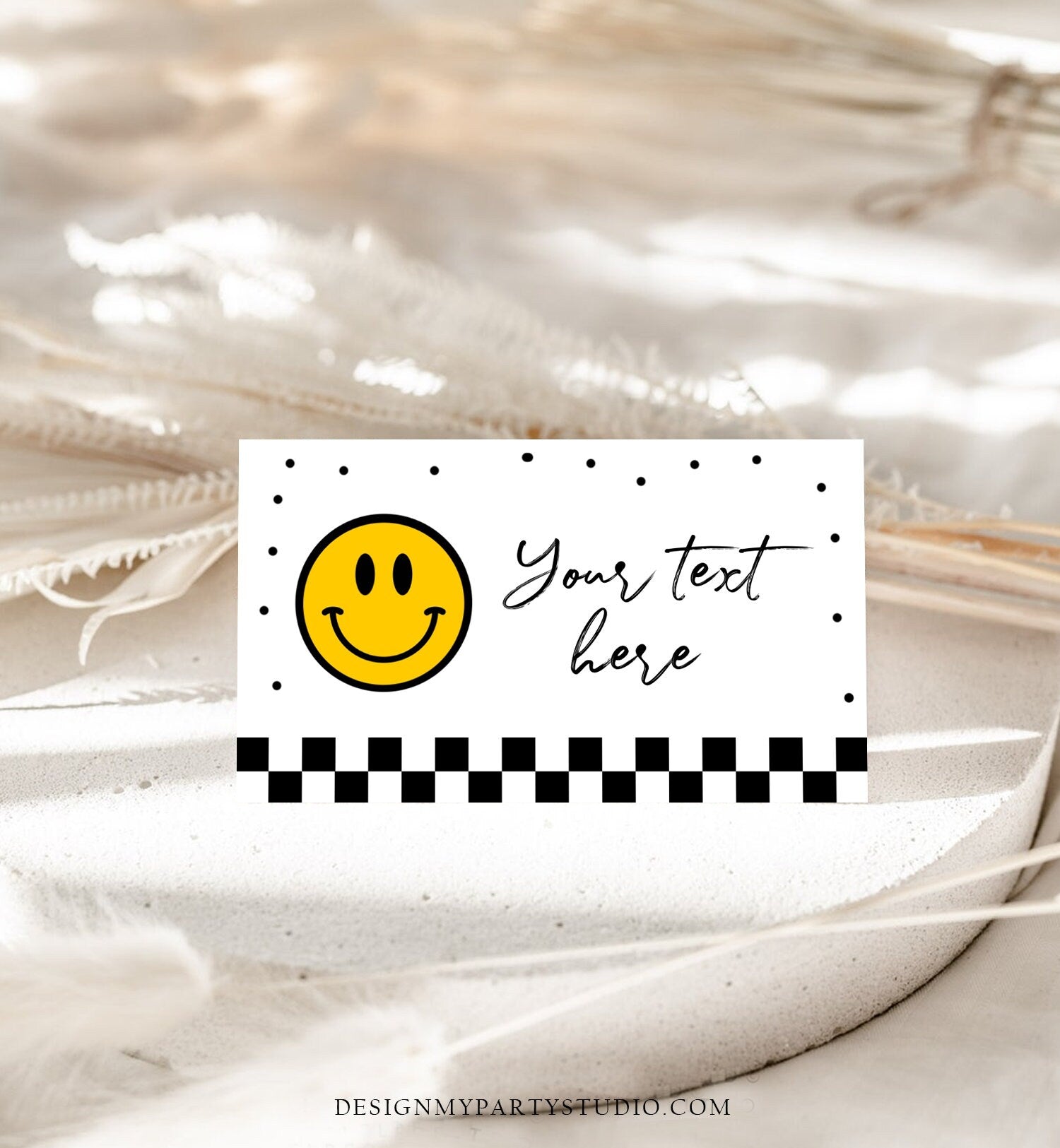 Editable Smiley Emoji Food Labels Birthday Place Card Tent Card Buffet Card One Happy Dude Girl Boy Smiley Face Decor Corjl Template 0456