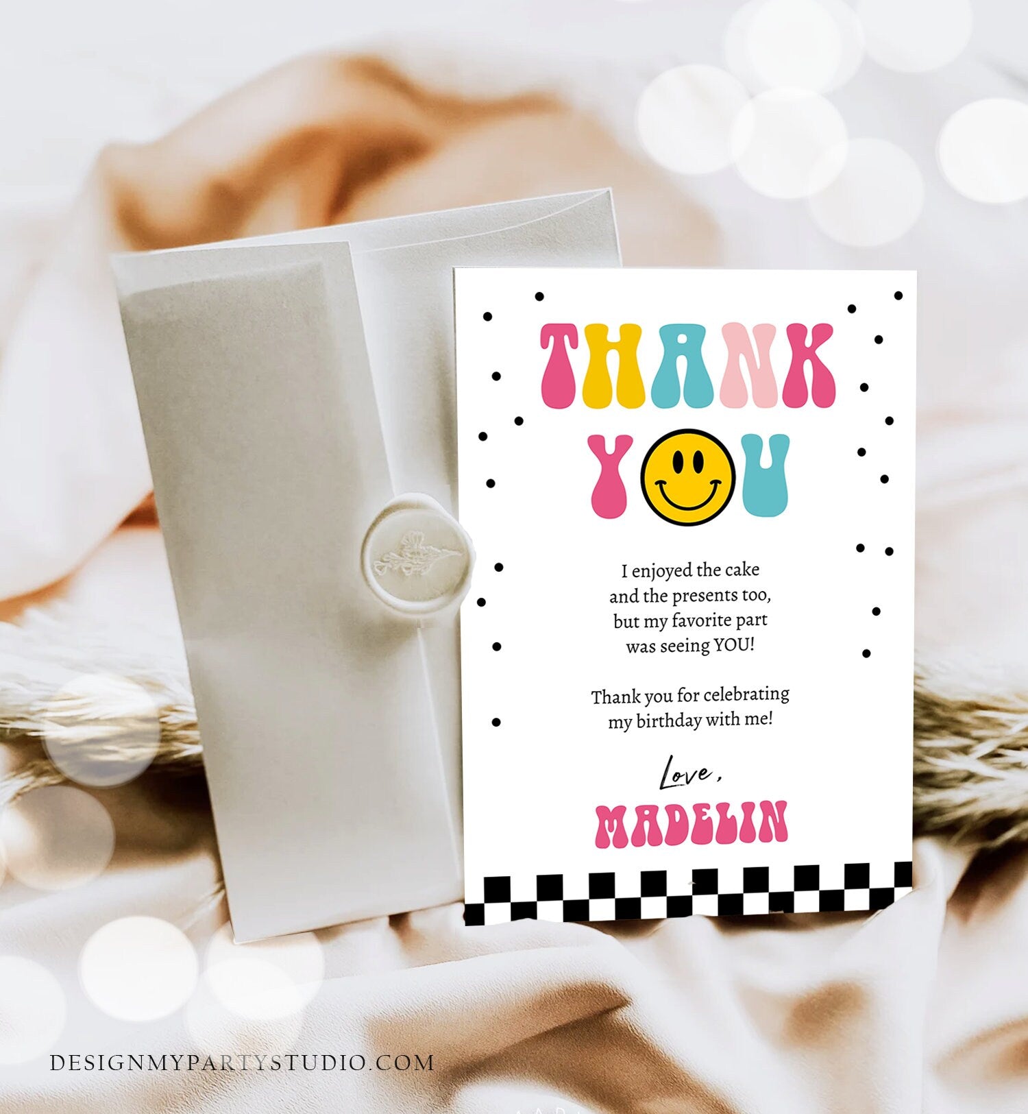 Editable Smiley Face Birthday Thank You Card One Happy Girl Emoji First 1st Thank You Note Download Printable Template Digital Corjl 0456