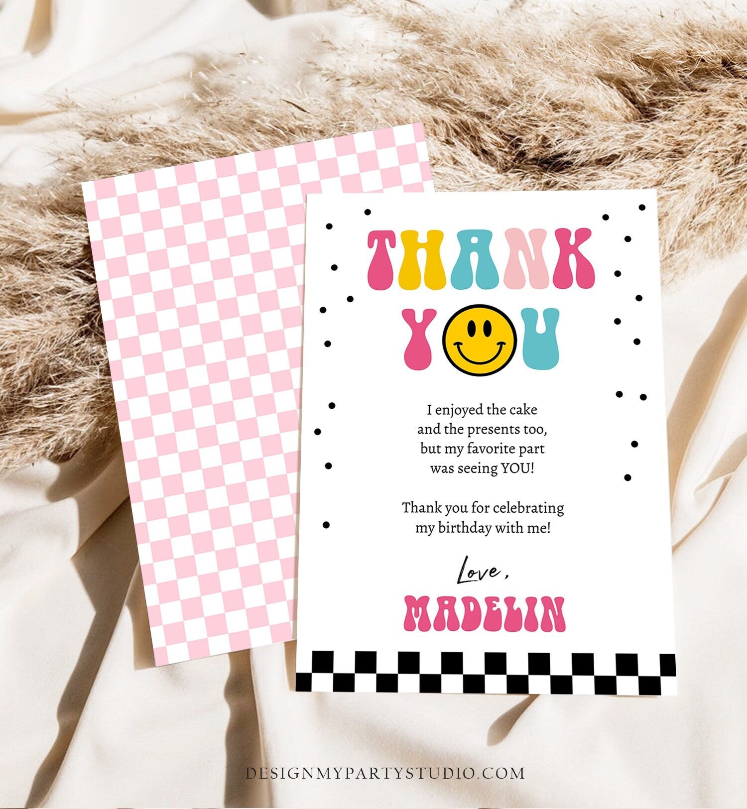 Editable Smiley Face Birthday Thank You Card One Happy Girl Emoji First 1st Thank You Note Download Printable Template Digital Corjl 0456
