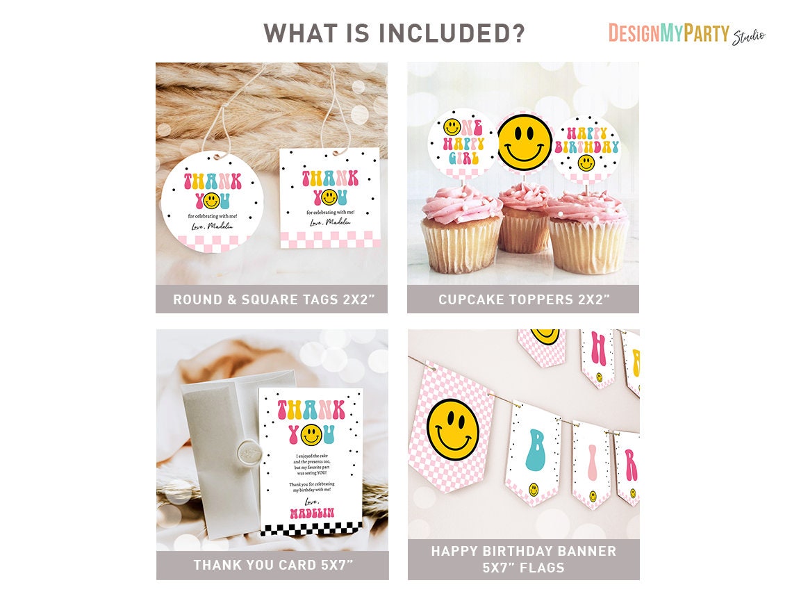 Smiley Birthday Invitation Bundle Girl Pink One Happy Girl Emoji 1st First Birthday Happy Face Retro Emoji Printable Corjl Template 0456