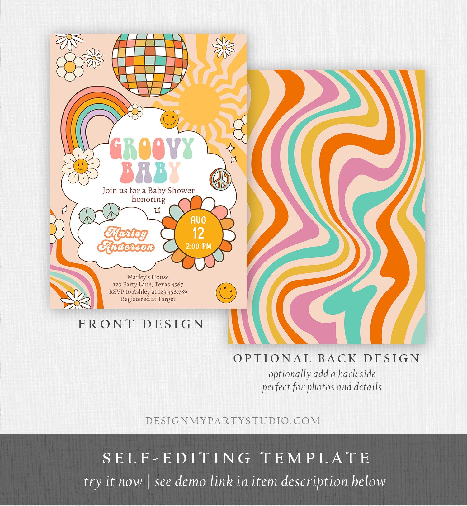 Editable Groovy Baby Shower Invitation Boho Daisy Rainbow Flower Power 70's Hippie Bohemian Download Printable Template Corjl Digital 0459