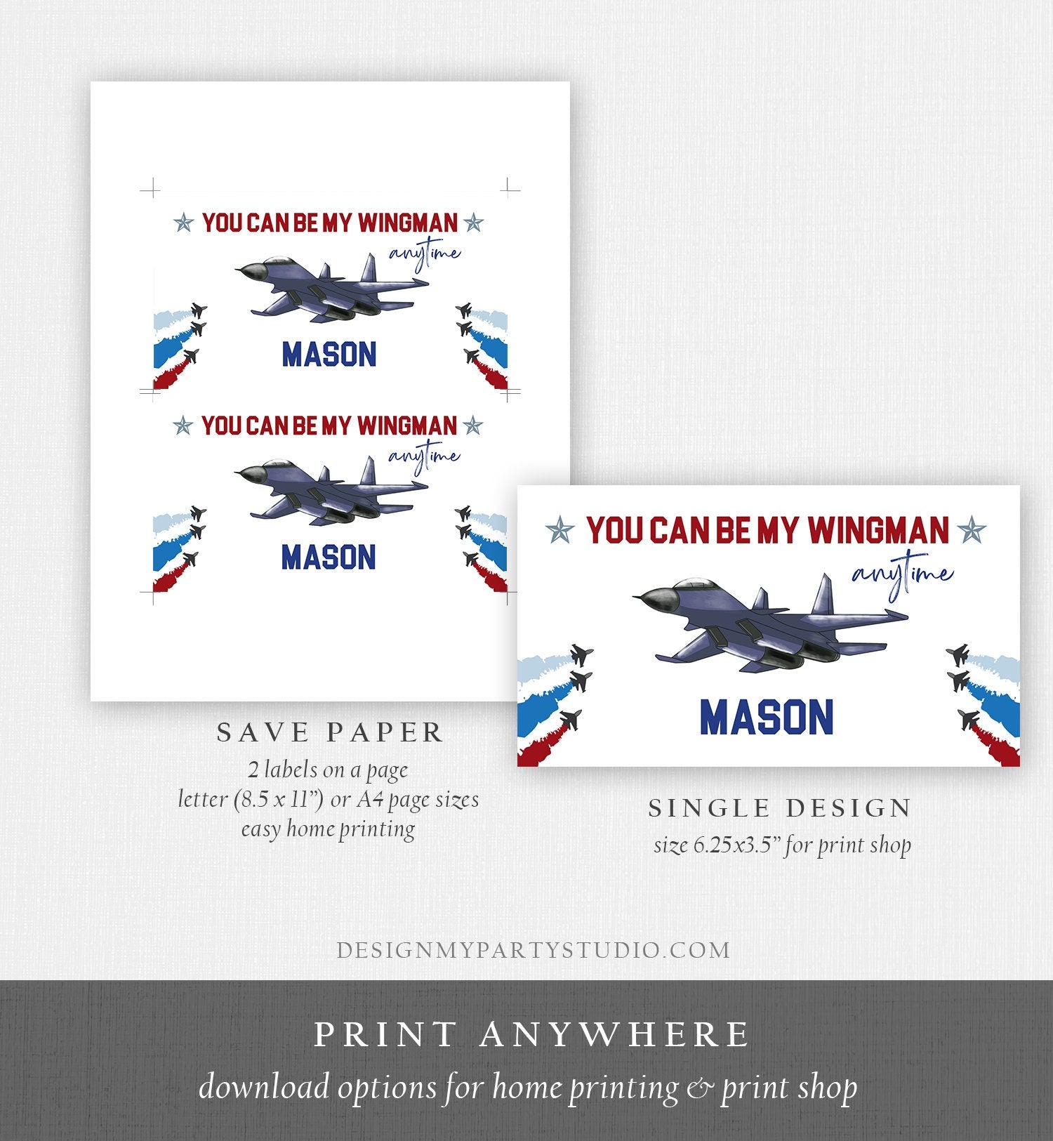 Editable Fighter Pilot Gable Box Favor Flying Ace Aviator Birthday Favor Box Label Boy You can be my Wingman Download Printable Corjl 0469