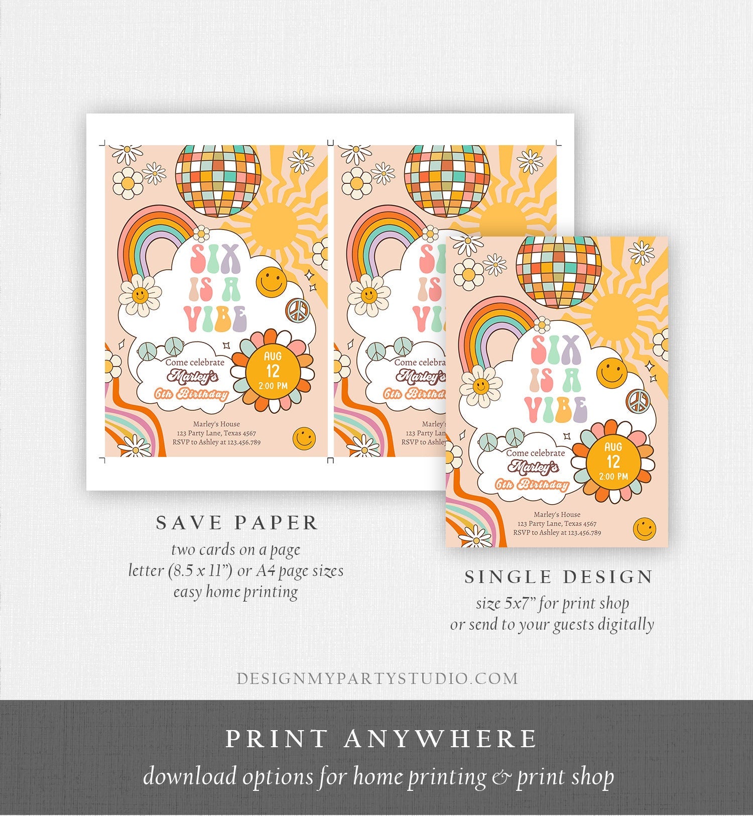 Editable Six Is A Vibe Groovy Birthday Invitation 6th Birthday Invite Rainbow Peace Love Party Girl Download Template Corjl Digital 0459