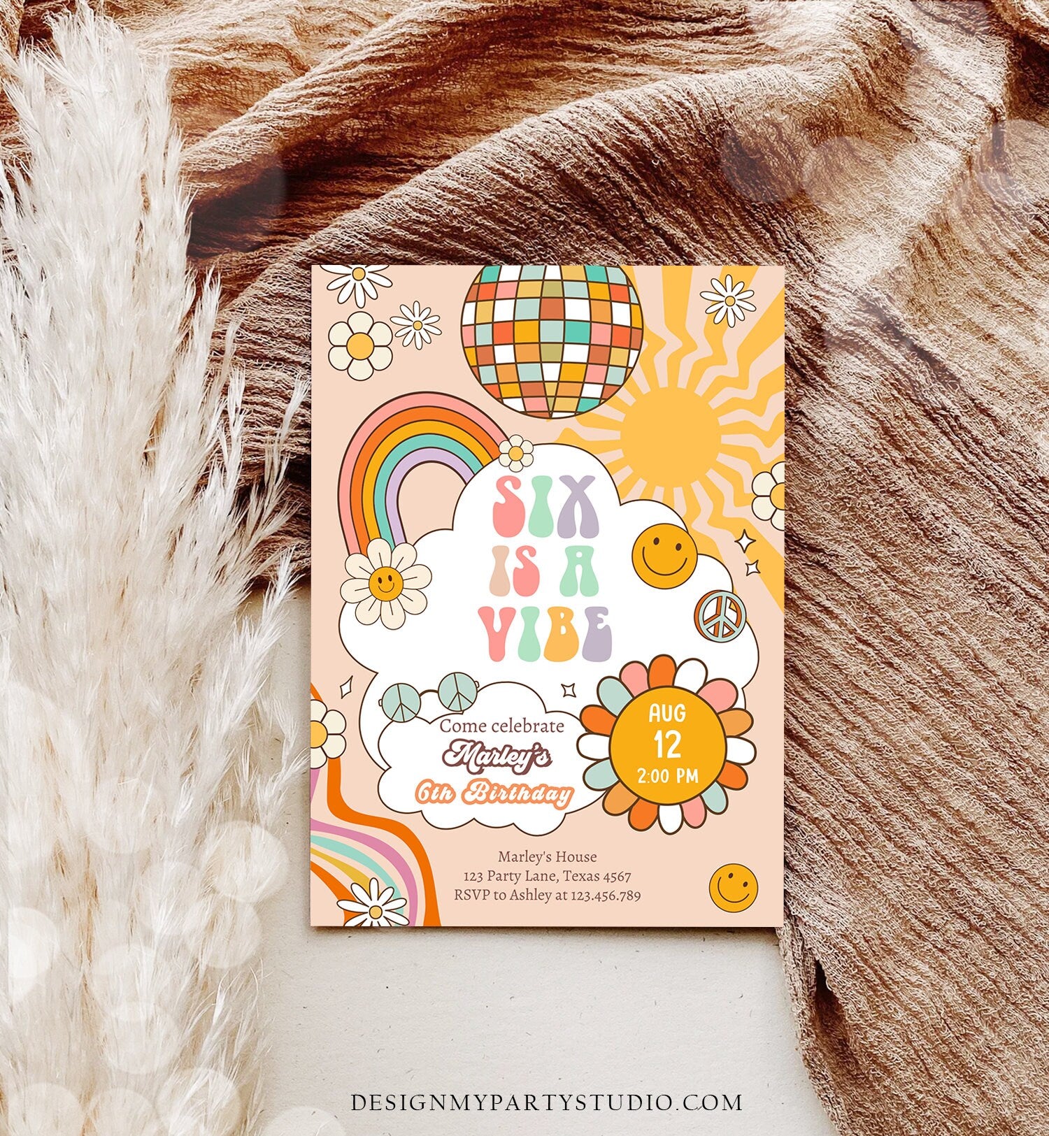 Editable Six Is A Vibe Groovy Birthday Invitation 6th Birthday Invite Rainbow Peace Love Party Girl Download Template Corjl Digital 0459