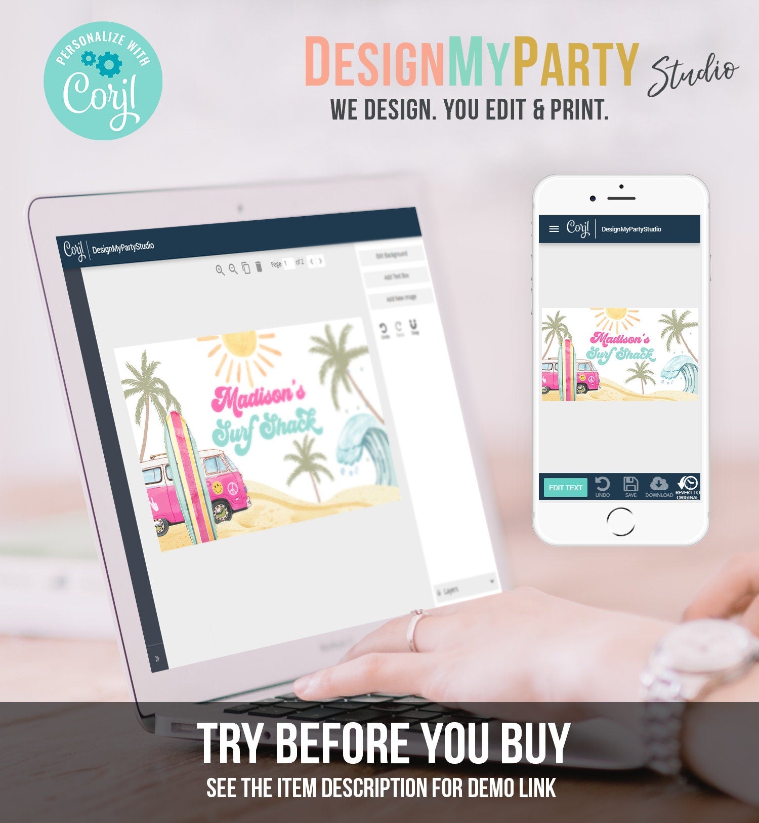 Editable Surf Birthday Backdrop Banner Surf's Up Birthday Girl First Surfing The Big One Surf Shack Download Corjl Template Printable 0433