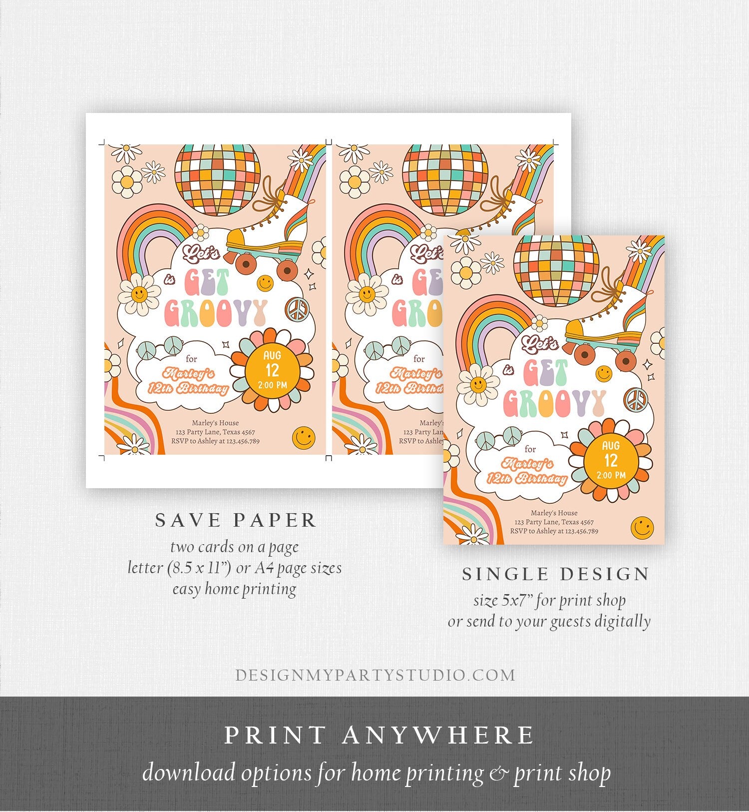 Editable Retro Roller Skate Birthday Party Invitation Let's Get Groovy Skating Kids 70's Skate Invite Download Template Corjl Digital 0459