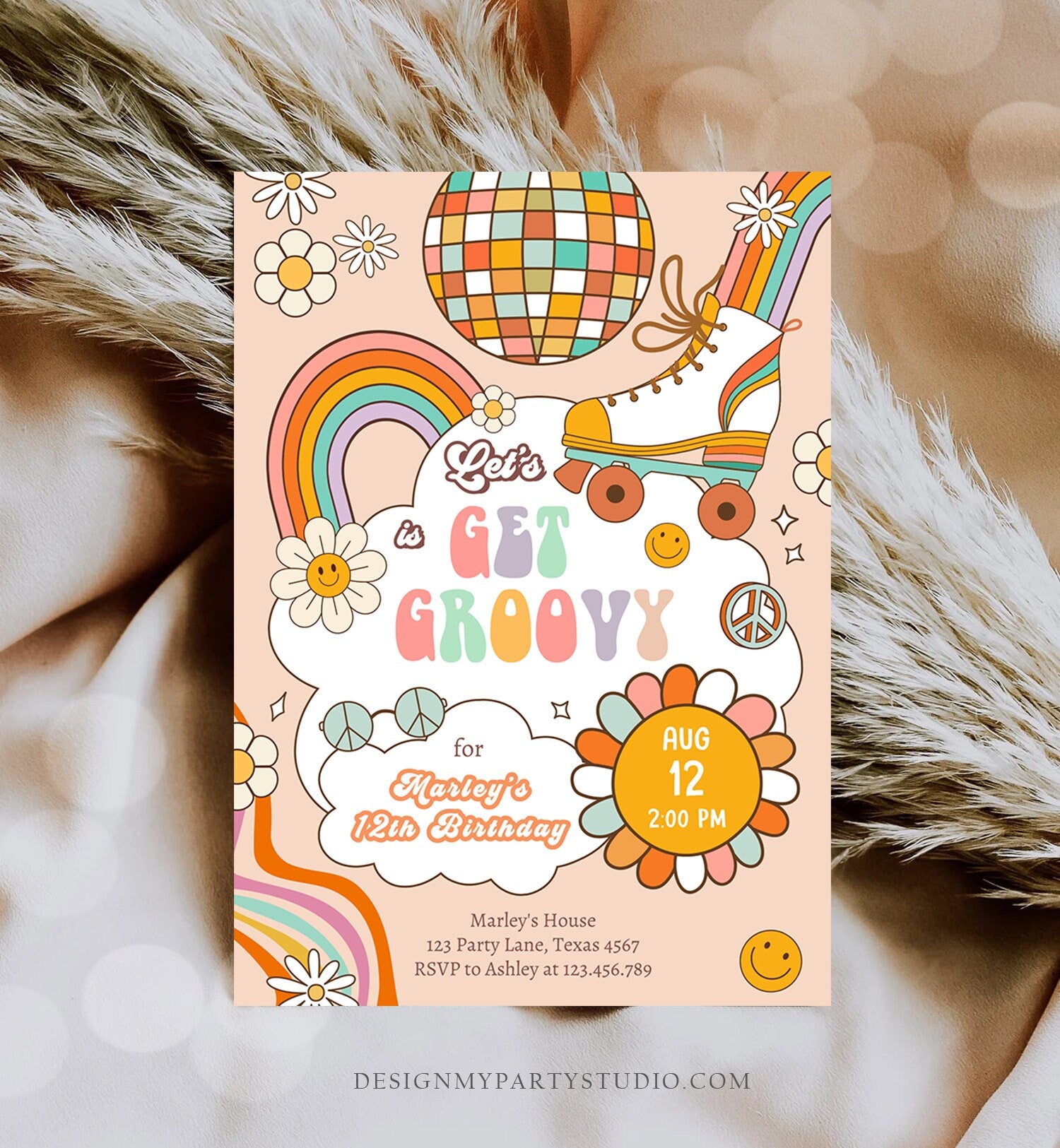 Editable Retro Roller Skate Birthday Party Invitation Let's Get Groovy Skating Kids 70's Skate Invite Download Template Corjl Digital 0459