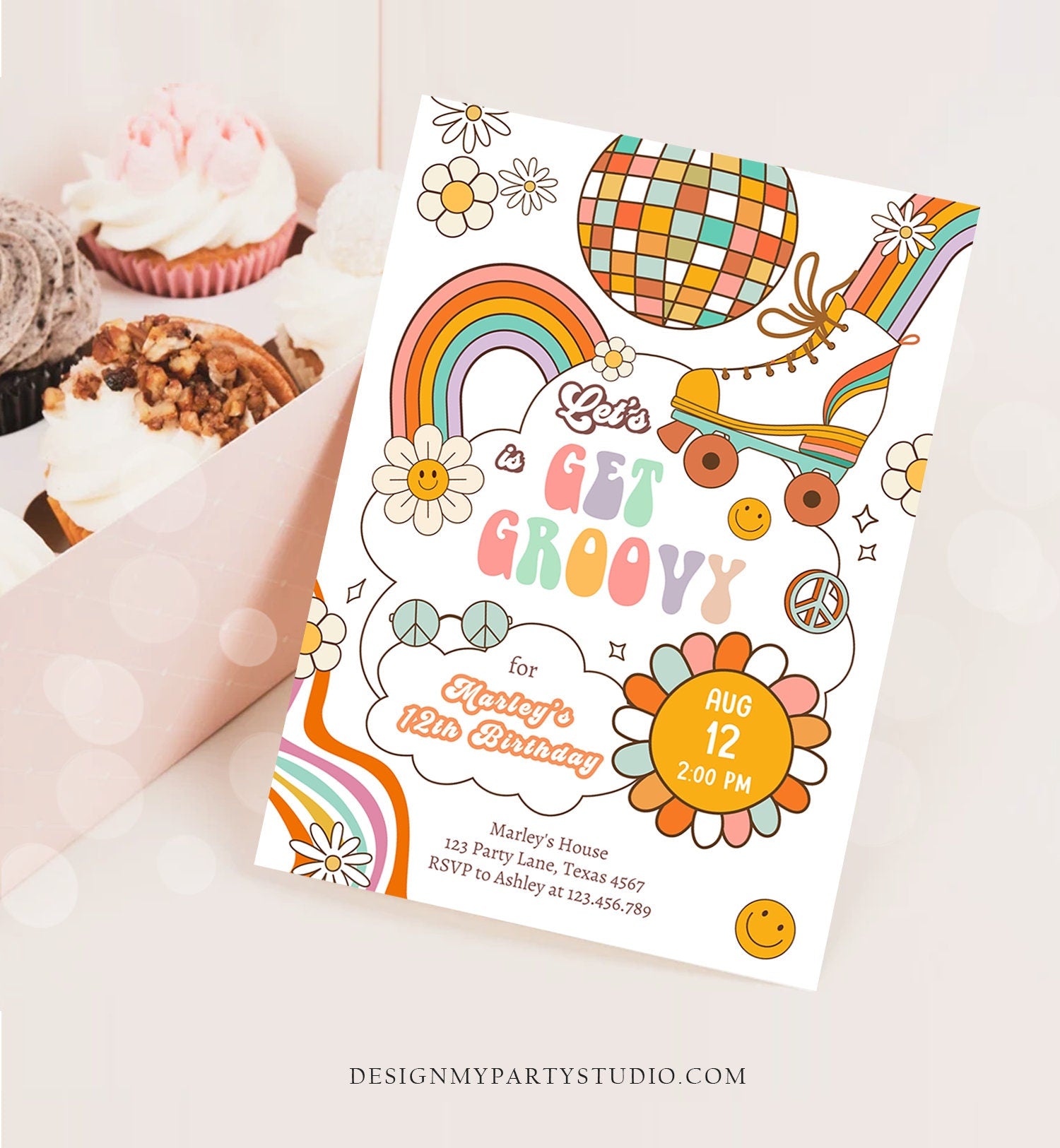 Editable Retro Roller Skate Birthday Party Invitation Let's Get Groovy Skating Kids 70's Skate Invite Download Template Corjl Digital 0459