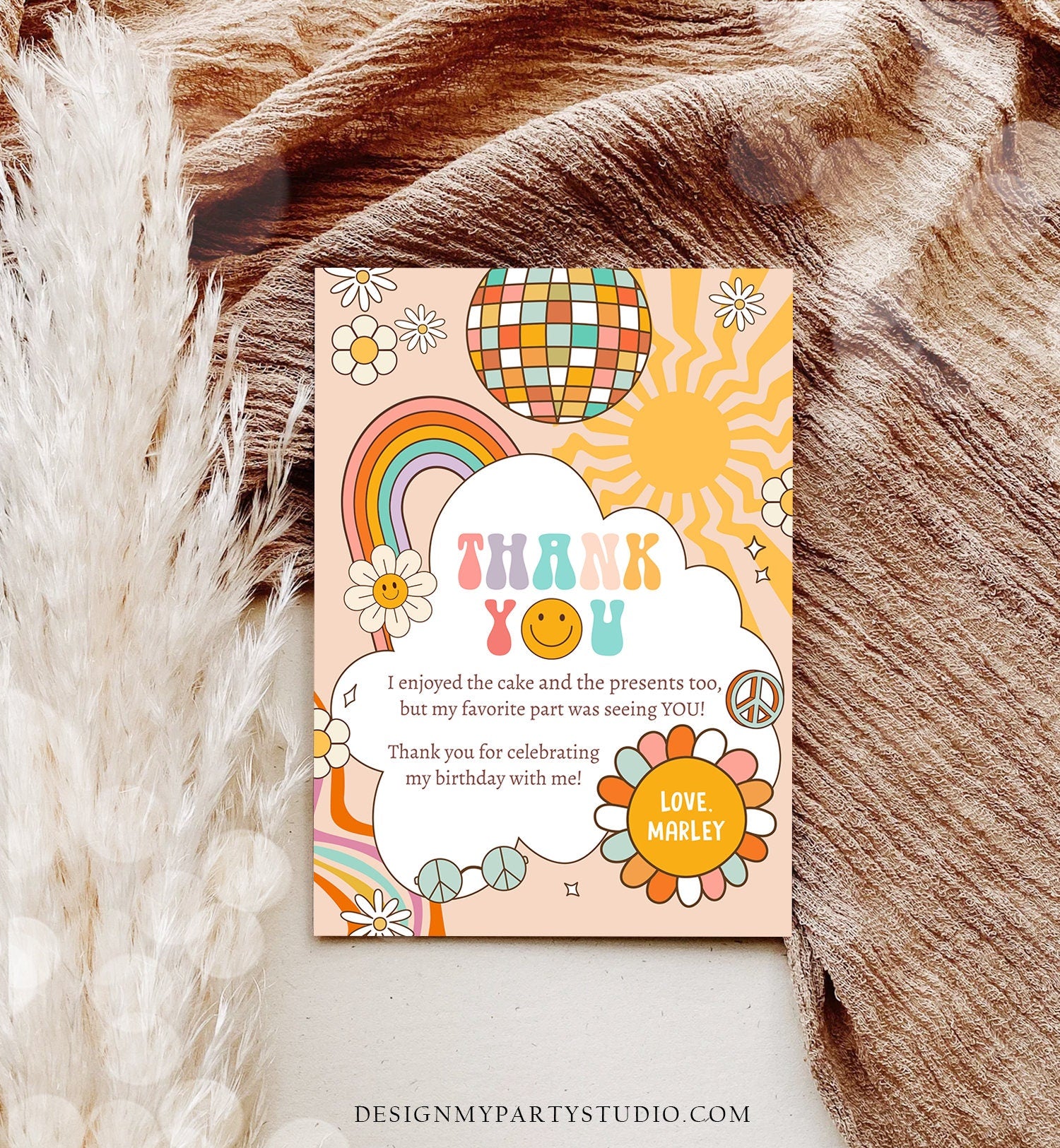 Editable Groovy Birthday Thank You Card Groovy Party One Groovy Babe Rainbow Retro Two Groovy Download Printable Template Corjl Digital 0459