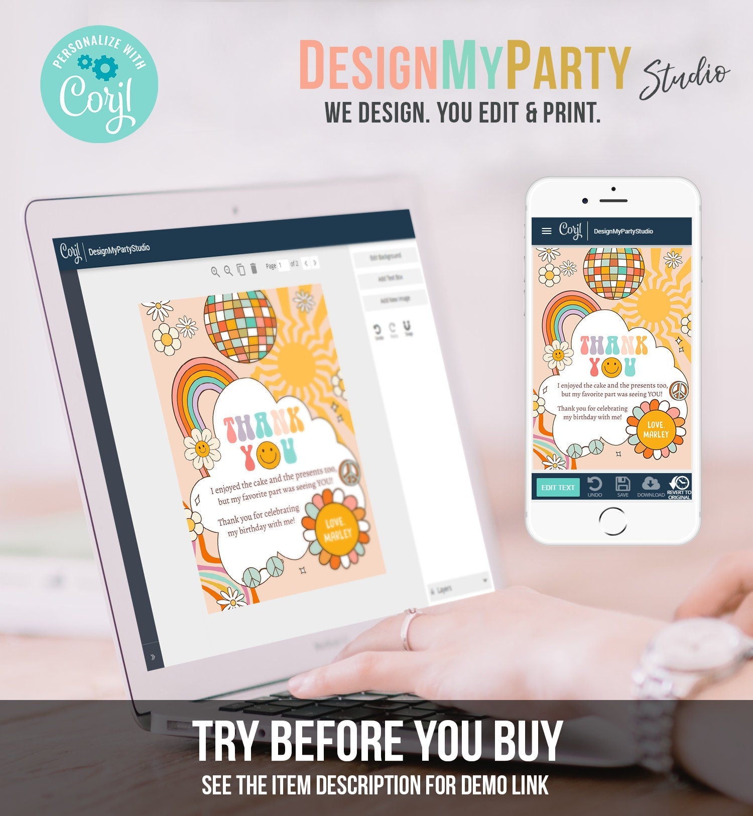Editable Groovy Birthday Thank You Card Groovy Party One Groovy Babe Rainbow Retro Two Groovy Download Printable Template Corjl Digital 0459