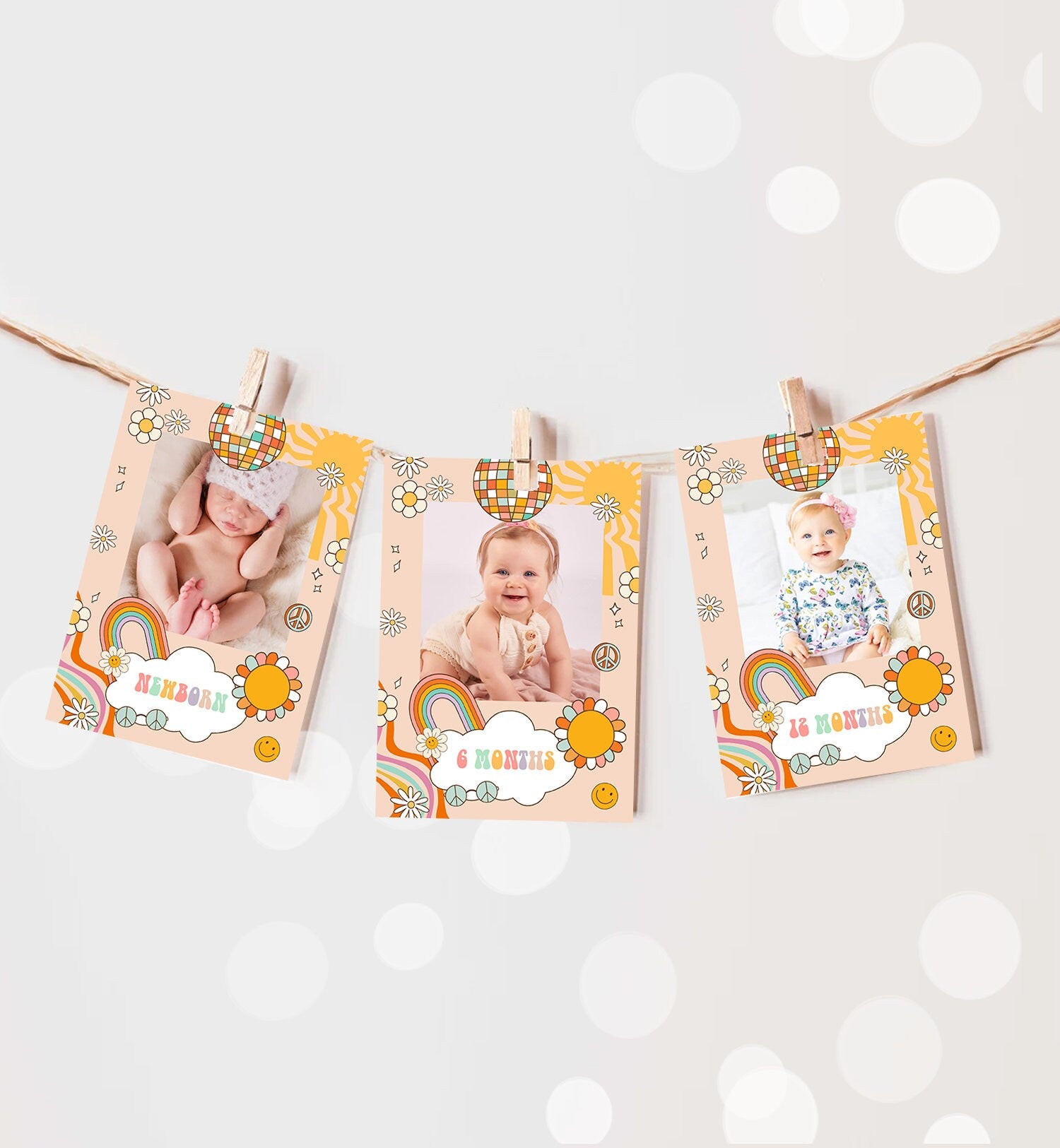 Editable Groovy Monthly Photo Banner Groovy One 1st Birthday Banner Girl First Birthday One Groovy Babe Rainbow Decor Corjl Template 0459