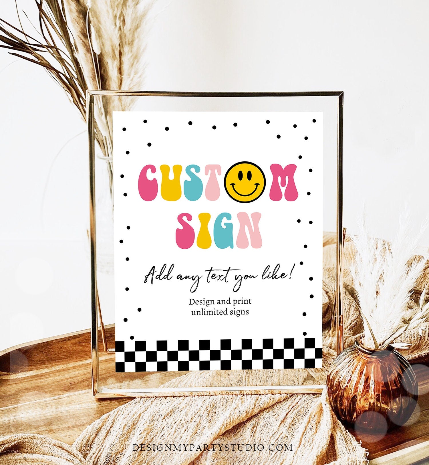 Editable Custom Sign Smiley Face Birthday Party Sign One Happy Girl Happy Face Party Decor Checkered Girl 8x10 Download PRINTABLE Corjl 0456