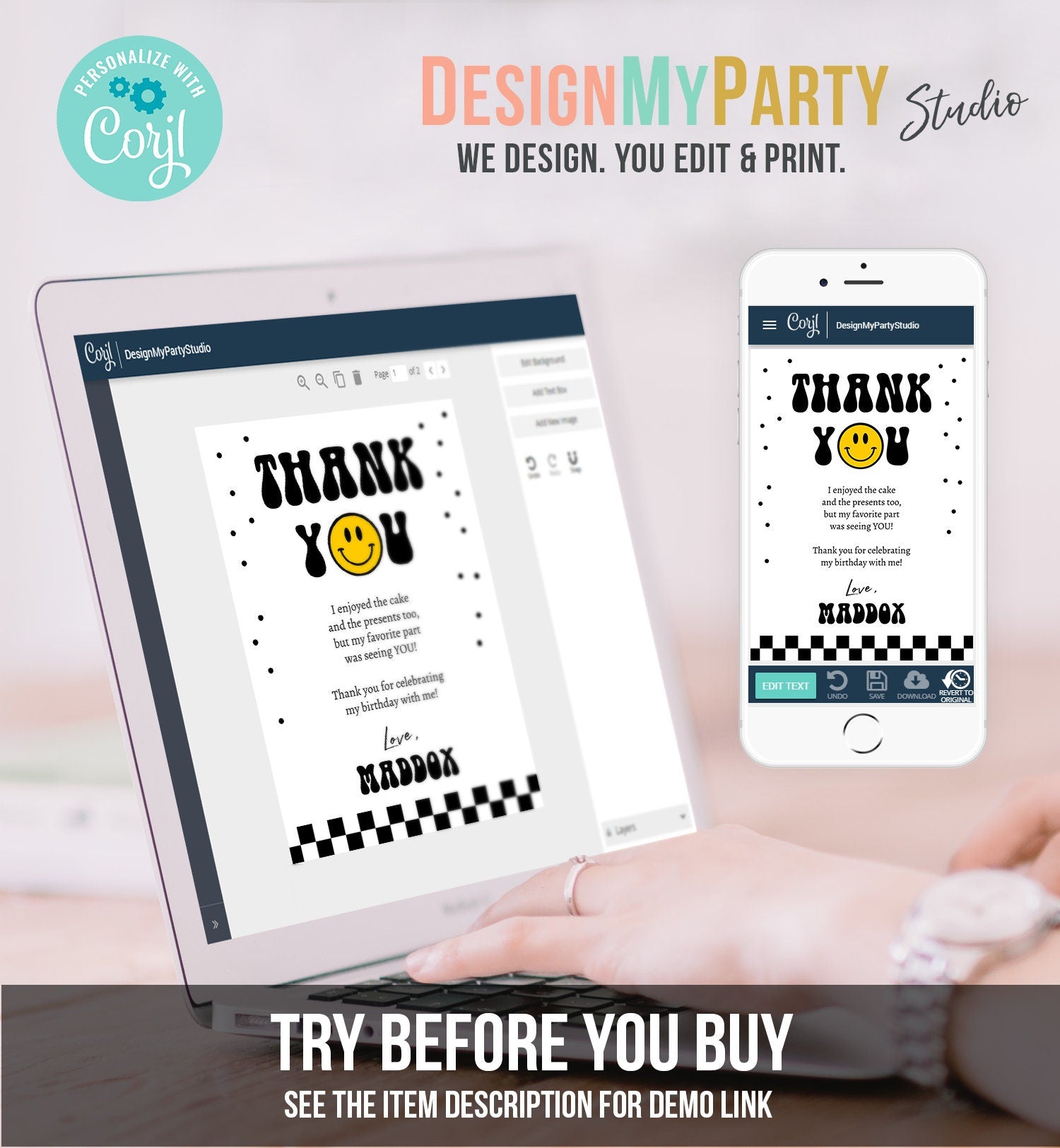 Editable Smiley Face Birthday Thank You Card One Happy Boy Emoji First 1st Thank You Note Download Printable Template Digital Corjl 0456