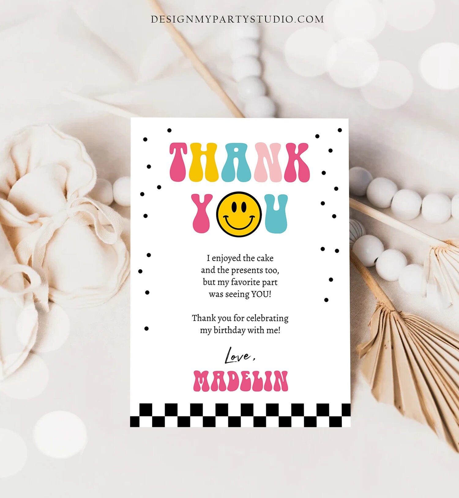 Editable Smiley Face Birthday Thank You Card One Happy Girl Emoji First 1st Thank You Note Download Printable Template Digital Corjl 0456