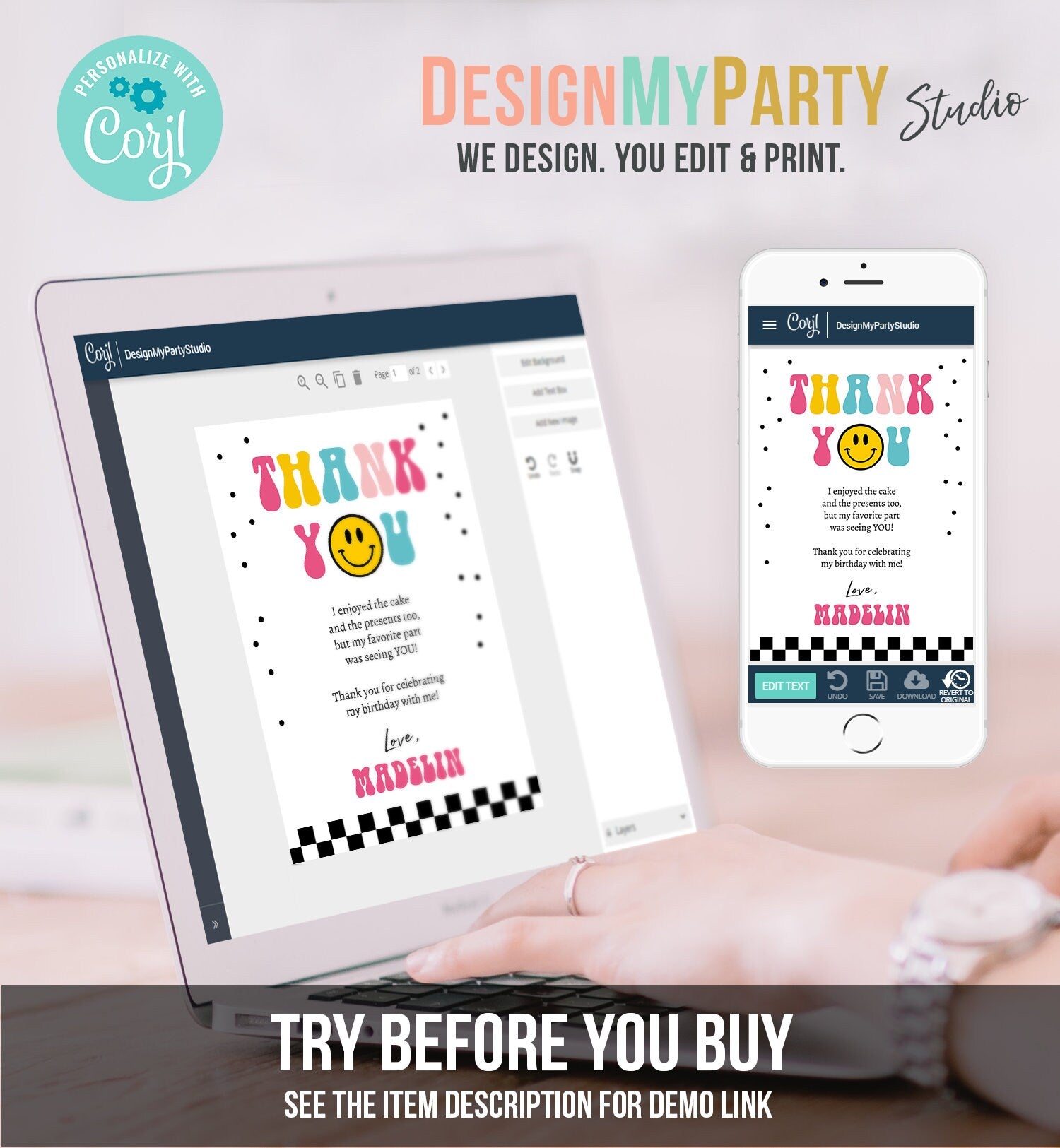 Editable Smiley Face Birthday Thank You Card One Happy Girl Emoji First 1st Thank You Note Download Printable Template Digital Corjl 0456