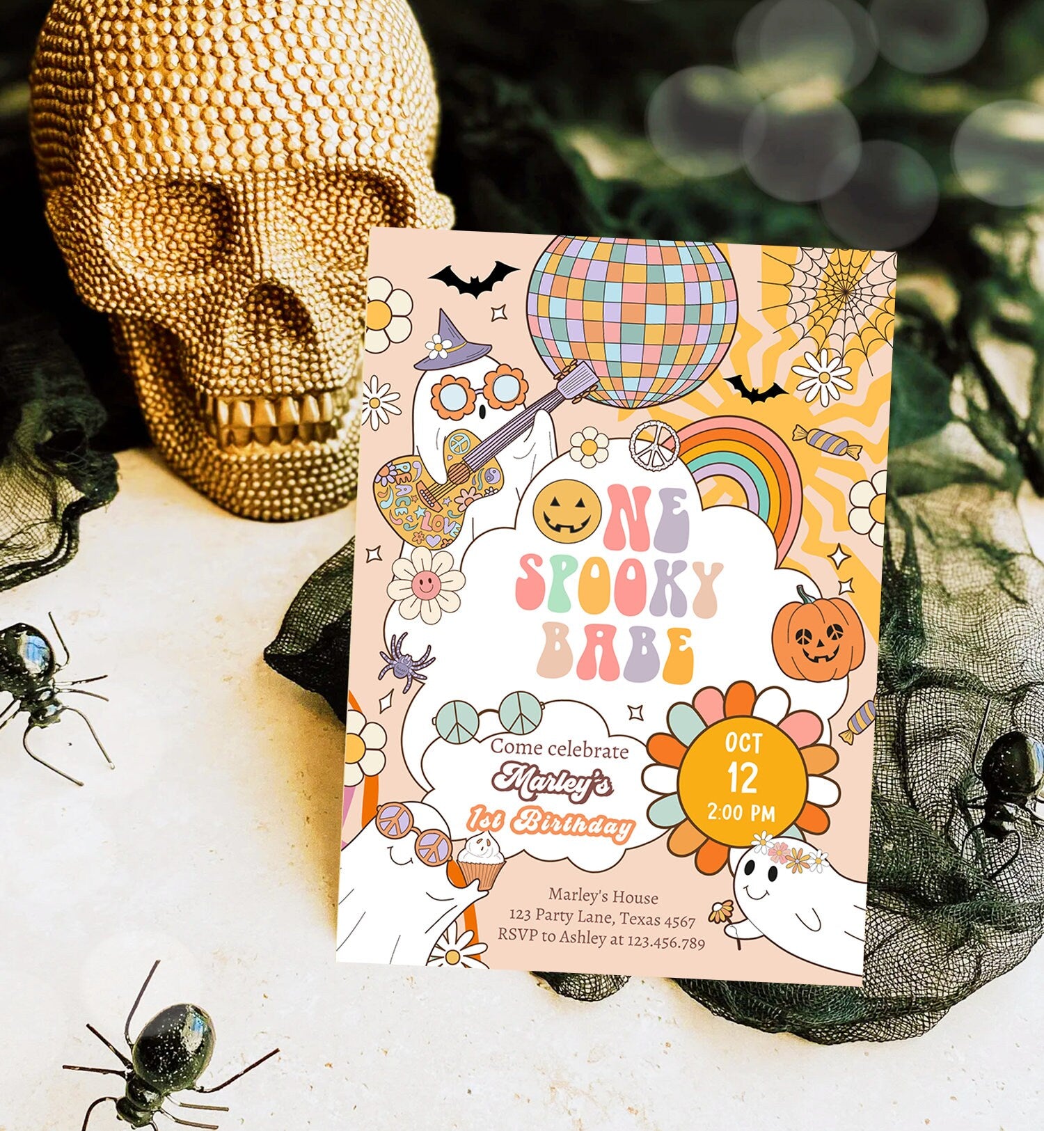 Editable Groovy Halloween 1st Birthday Invitation One Spooky Babe Pink Ghost Party Girl Spooktacular Download Printable Template Corjl 0471