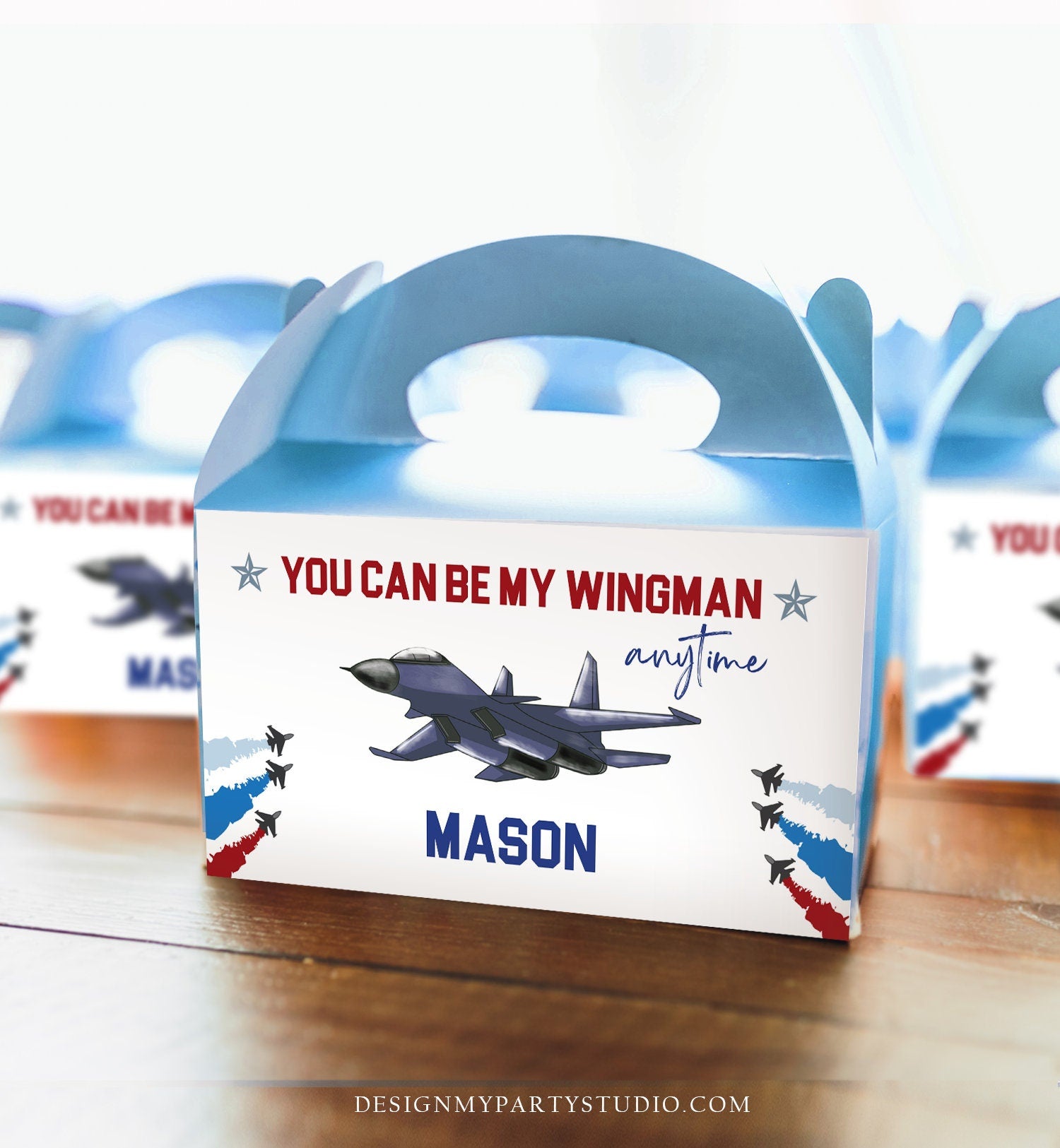 Editable Fighter Pilot Gable Box Favor Flying Ace Aviator Birthday Favor Box Label Boy You can be my Wingman Download Printable Corjl 0469