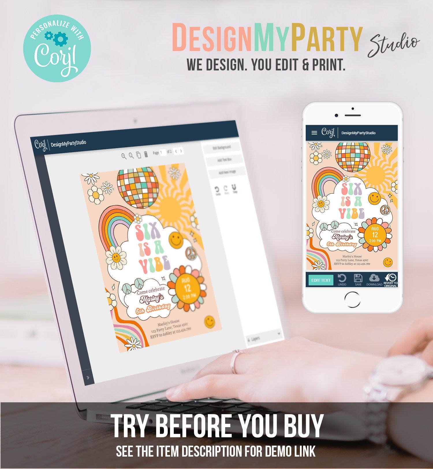 Editable Six Is A Vibe Groovy Birthday Invitation 6th Birthday Invite Rainbow Peace Love Party Girl Download Template Corjl Digital 0459