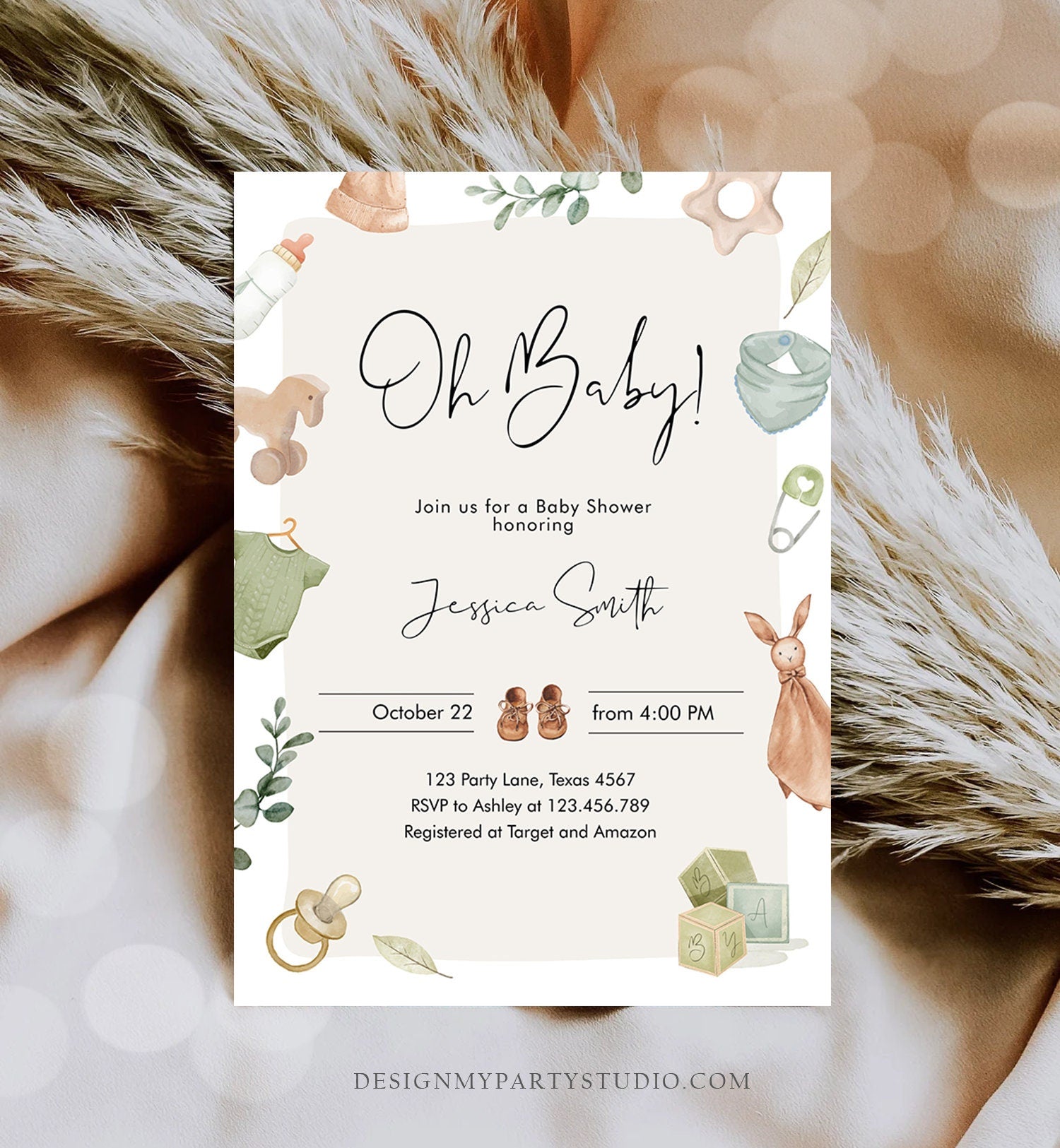 Editable Oh Baby Shower Invitation Boho Baby Shower Invitation Coed Shower Baby Clothes Rustic Boy Download Printable Template Corjl 0470