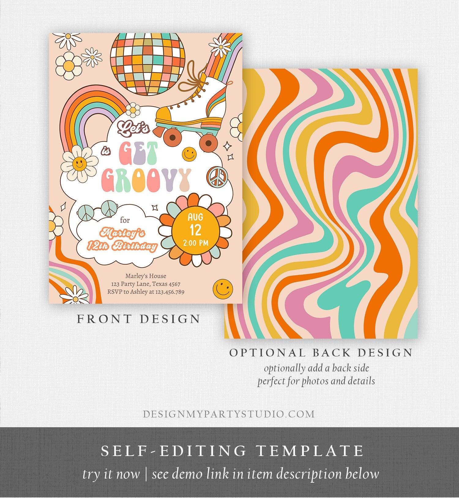 Editable Retro Roller Skate Birthday Party Invitation Let's Get Groovy Skating Kids 70's Skate Invite Download Template Corjl Digital 0459
