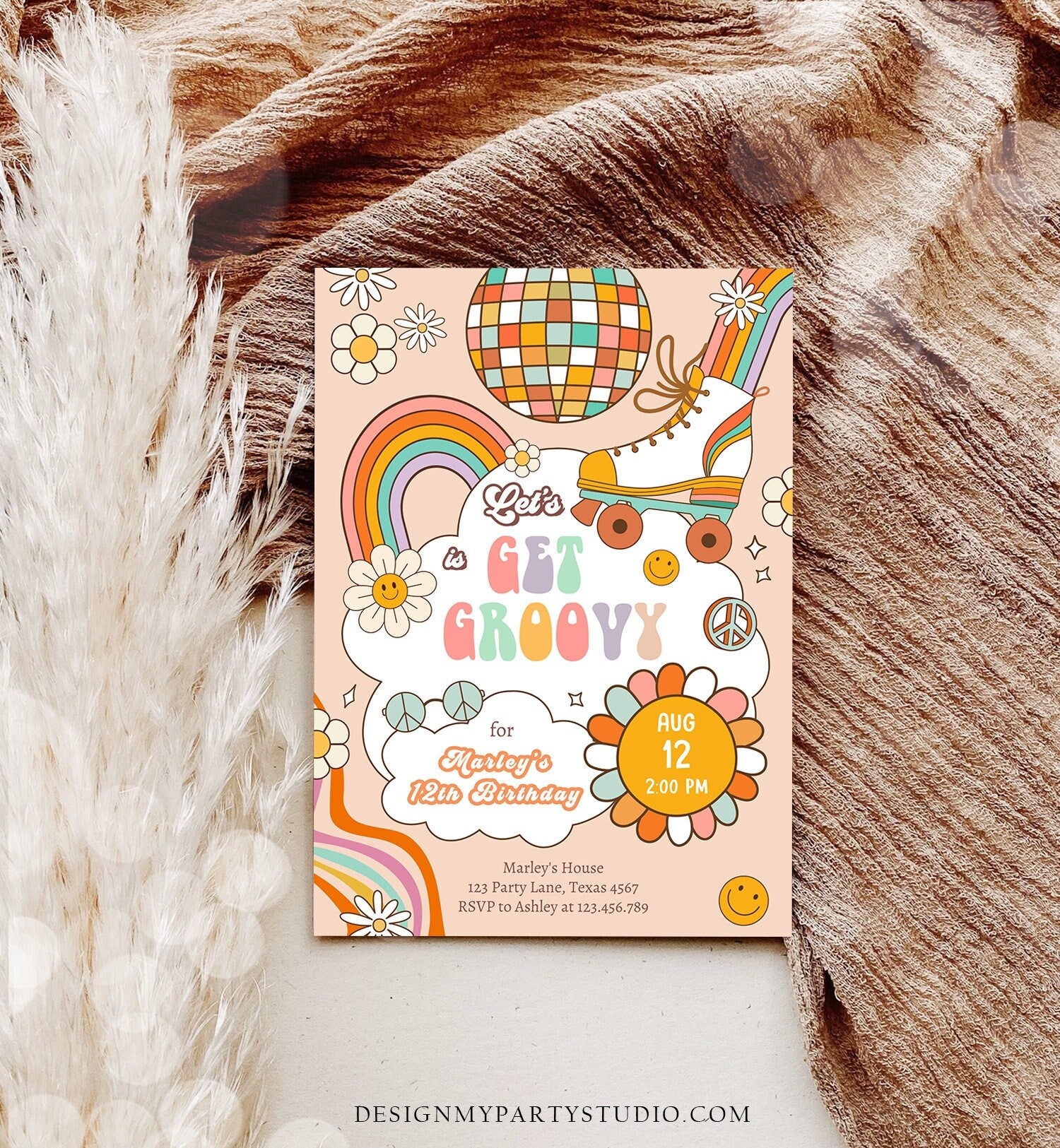 Editable Retro Roller Skate Birthday Party Invitation Let's Get Groovy Skating Kids 70's Skate Invite Download Template Corjl Digital 0459