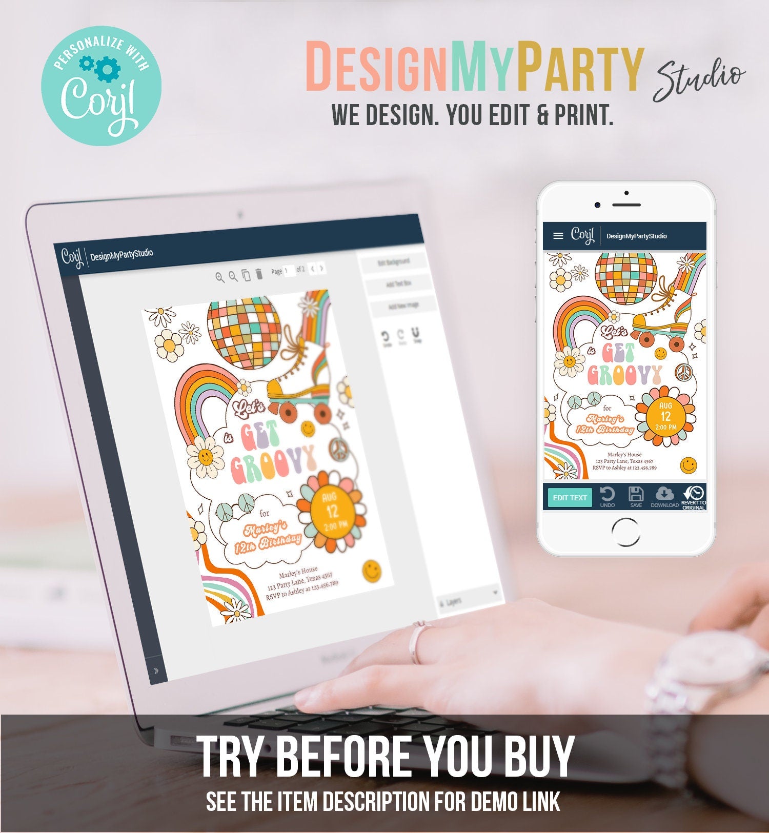 Editable Retro Roller Skate Birthday Party Invitation Let's Get Groovy Skating Kids 70's Skate Invite Download Template Corjl Digital 0459