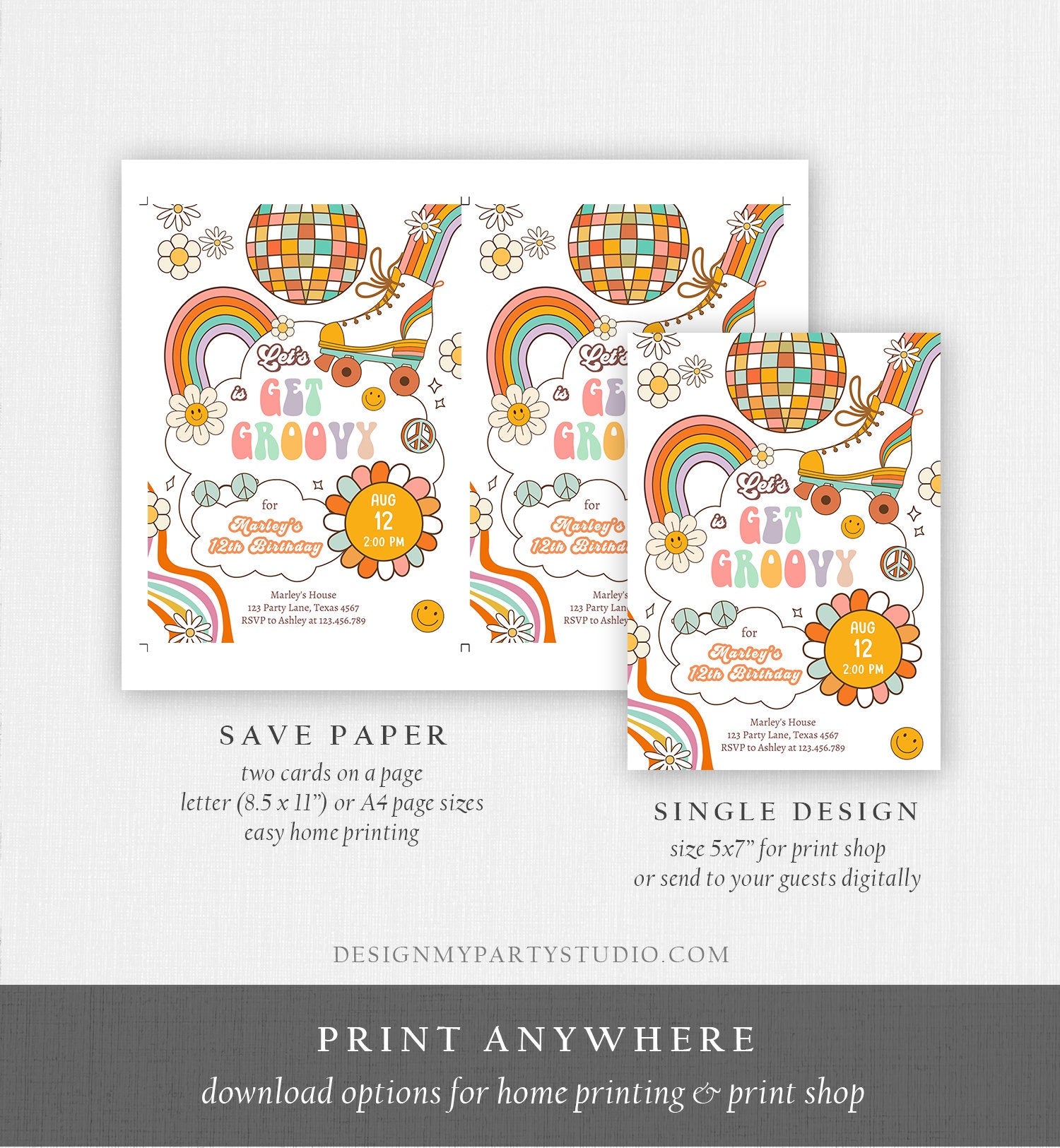 Editable Retro Roller Skate Birthday Party Invitation Let's Get Groovy Skating Kids 70's Skate Invite Download Template Corjl Digital 0459