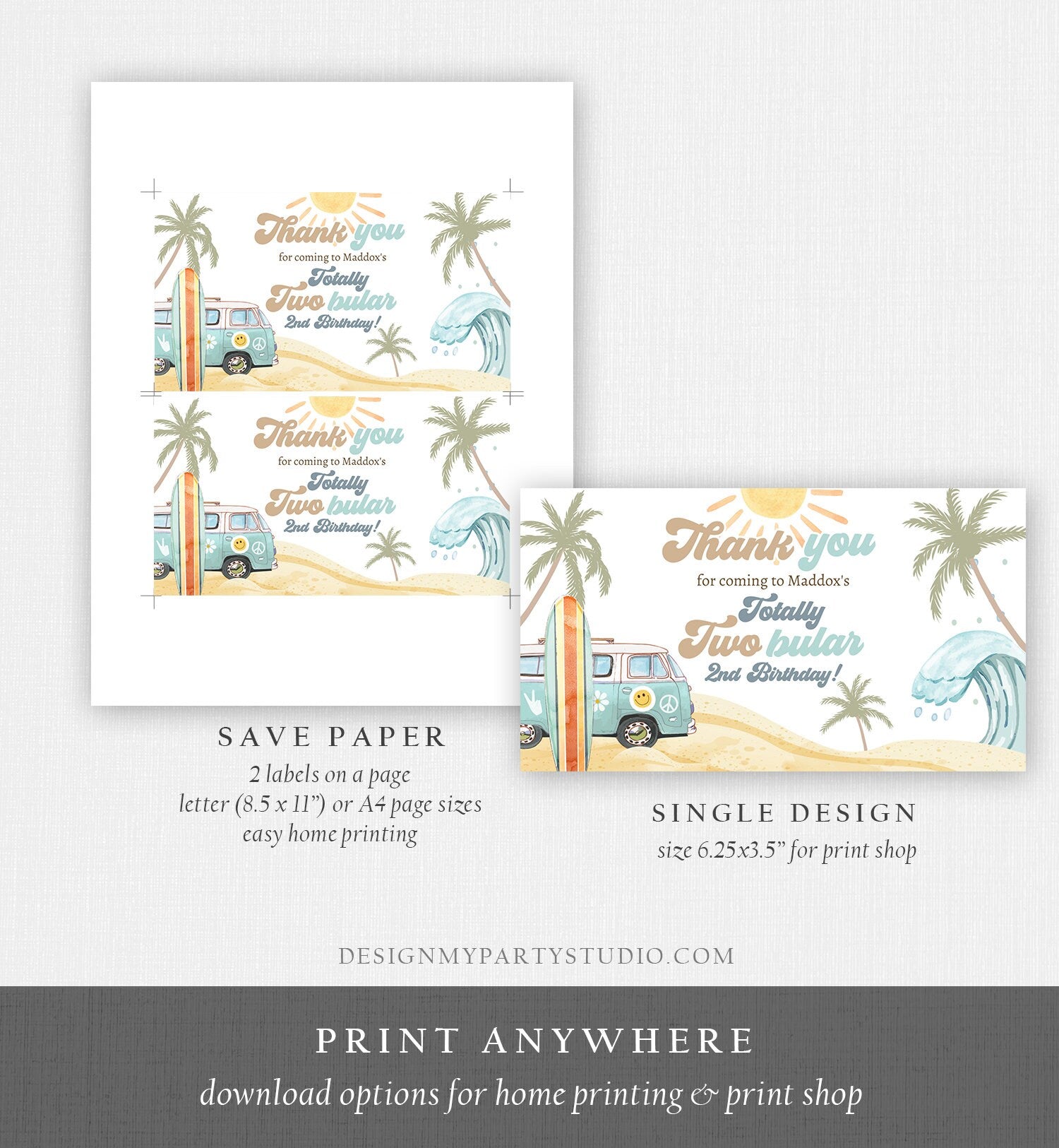 Editable Surf Gable Box Favor Label Surf Birthday Favor Box Label Boy Totally Twobular Retro Surfboard Digital Download Printable Corjl 0433