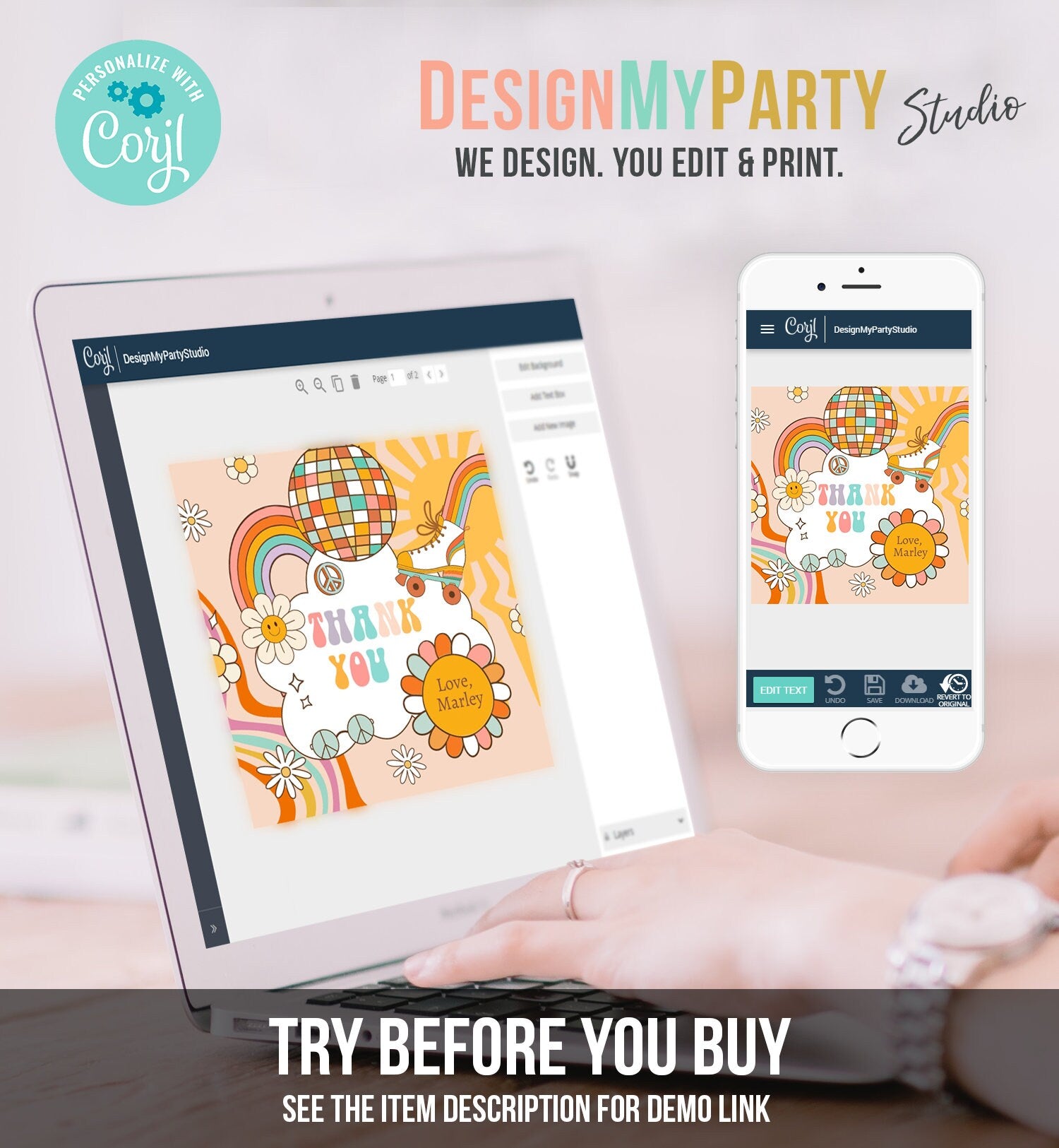 Editable Roller Skating Favor Tag Roller Skate Birthday Thank You Sticker Girl Retro Skate Party Download Printable Corjl Template 0459