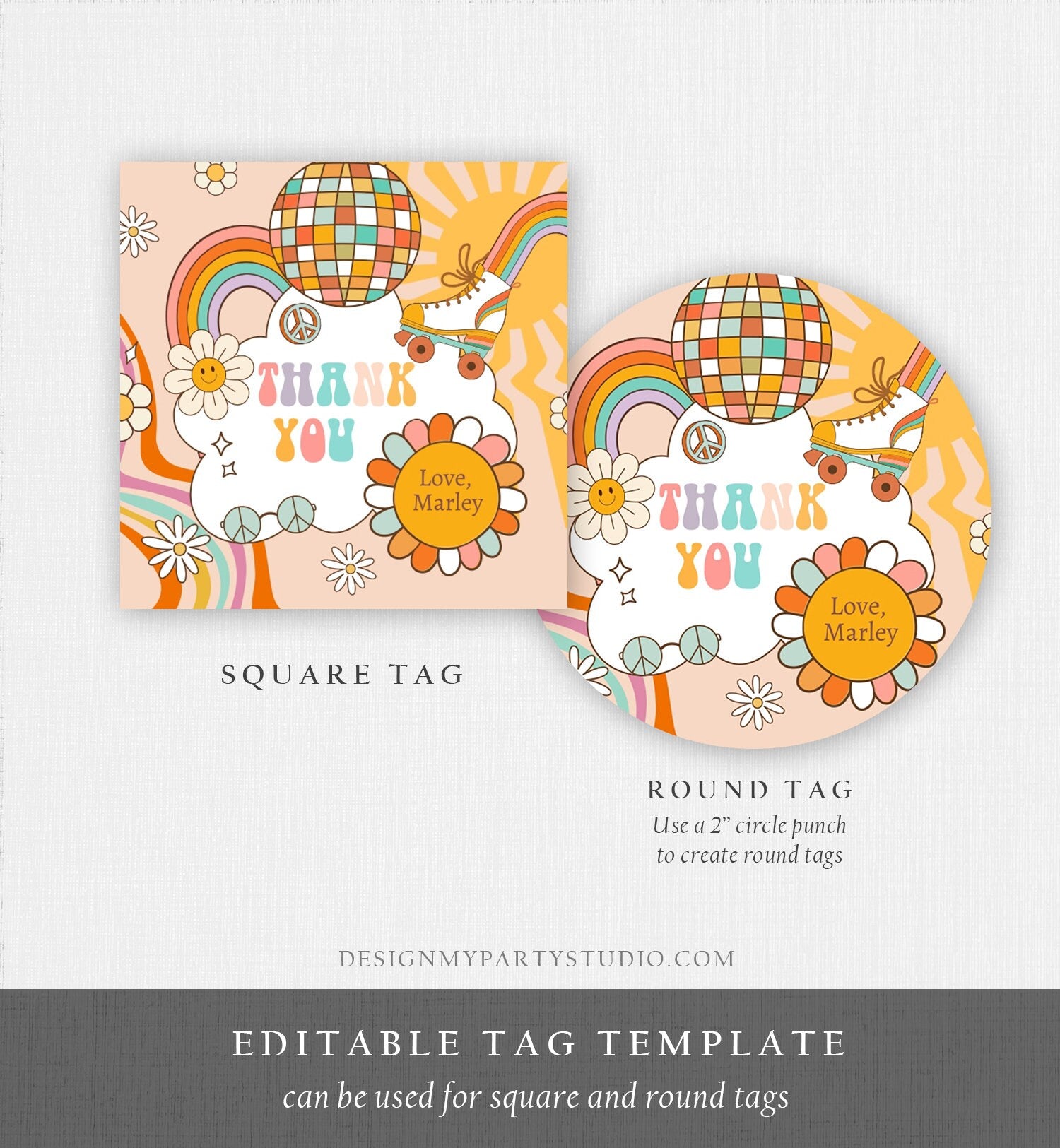 Editable Roller Skating Favor Tag Roller Skate Birthday Thank You Sticker Girl Retro Skate Party Download Printable Corjl Template 0459