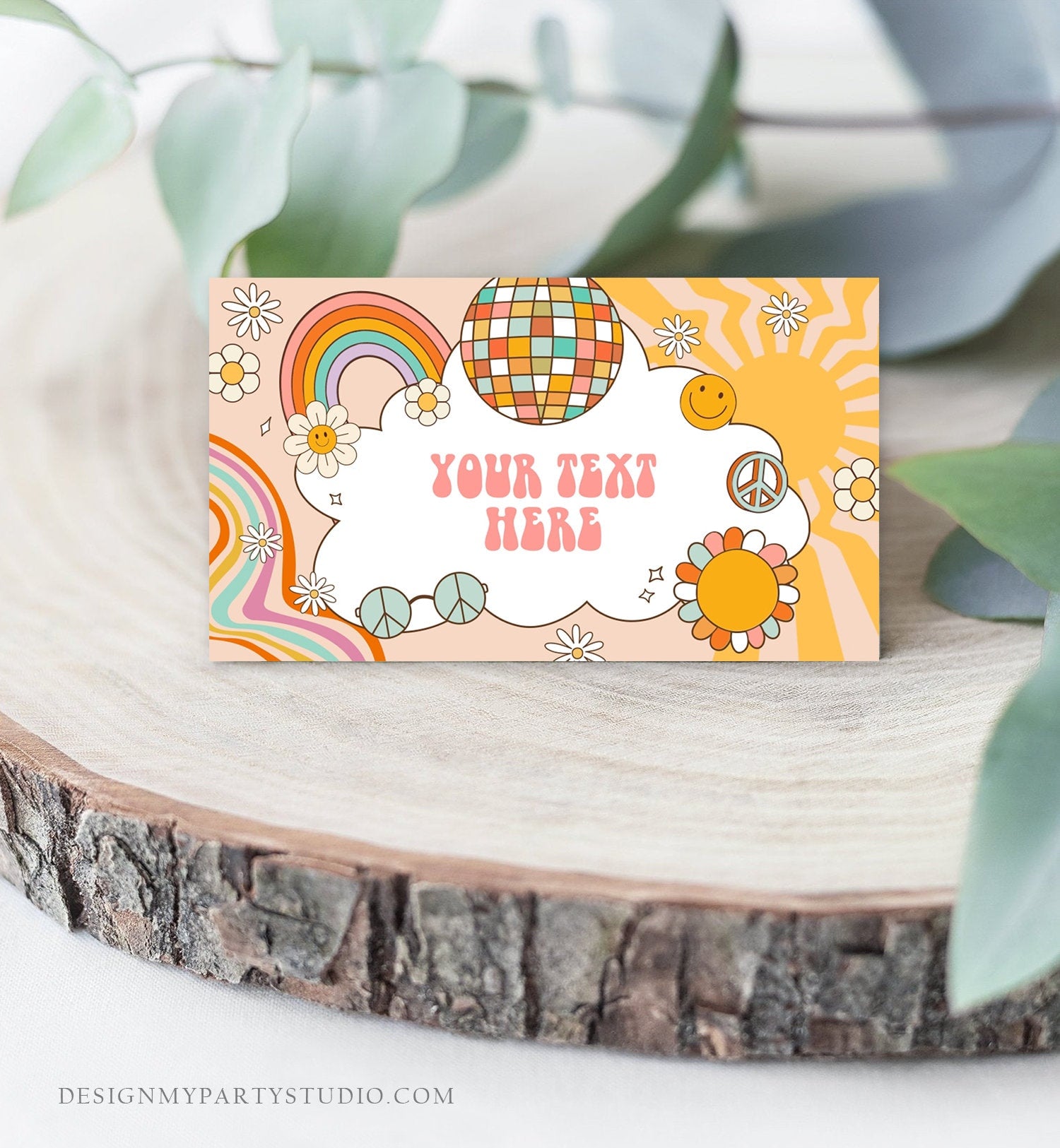 Editable Groovy Food Labels Retro Flower Power 70's Groovy Birthday Place Card Tent Card Folded Smiley Vibes Printable Template Corjl 0459