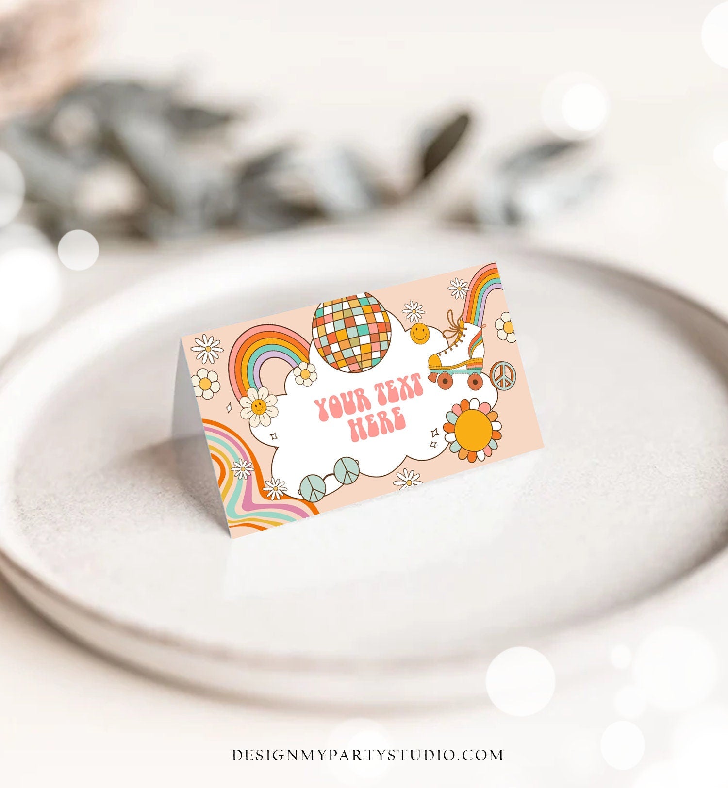 Editable Roller Skate Food Labels Roller Skate Birthday Place Card Tent Card Girl Retro Skating Groovy Decor Digital Corjl Template 0459