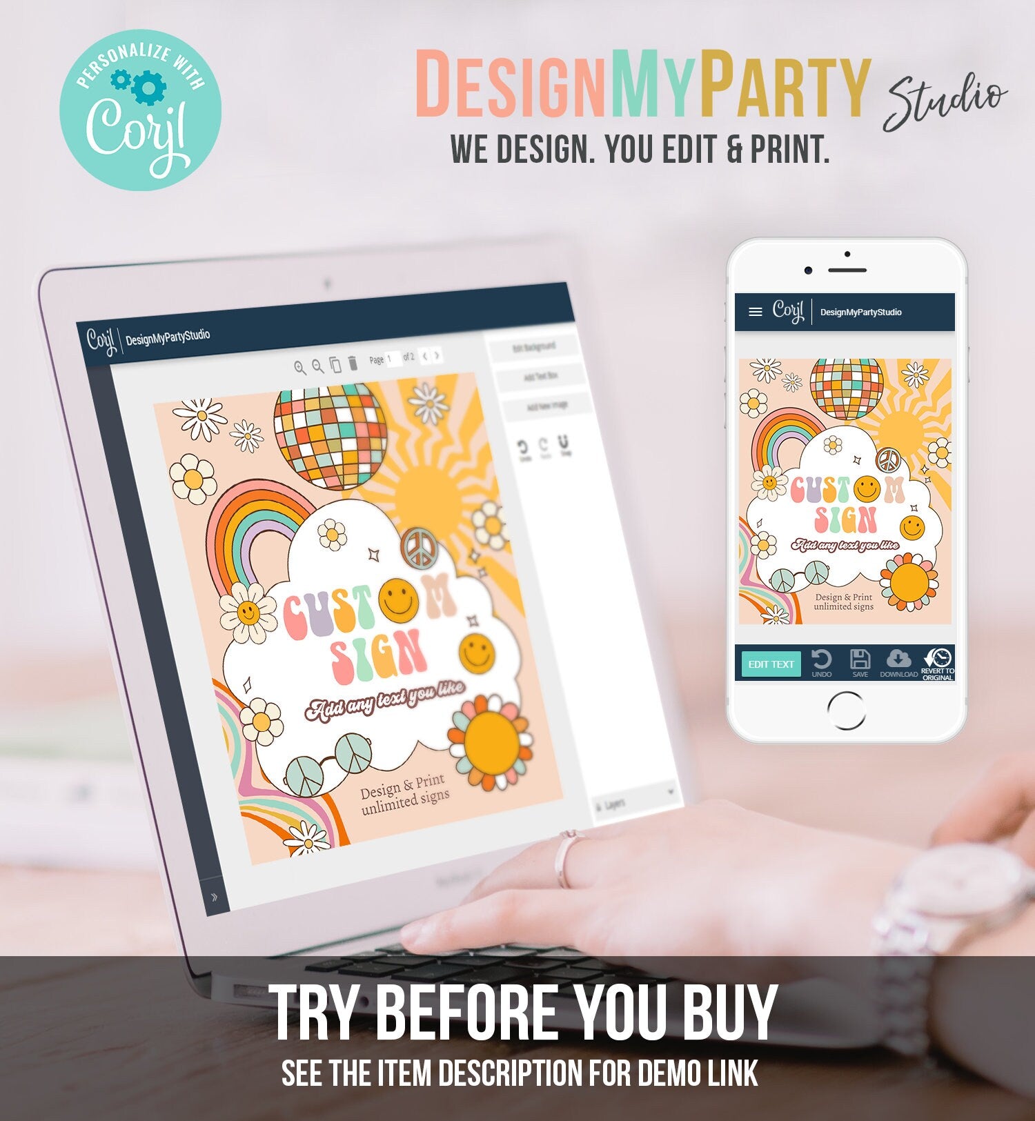 Editable Custom Sign Retro Groovy Birthday Party One Groovy Babe Party Decor Flower Power Hippie 70s 8x10 Download PRINTABLE Corjl 0459
