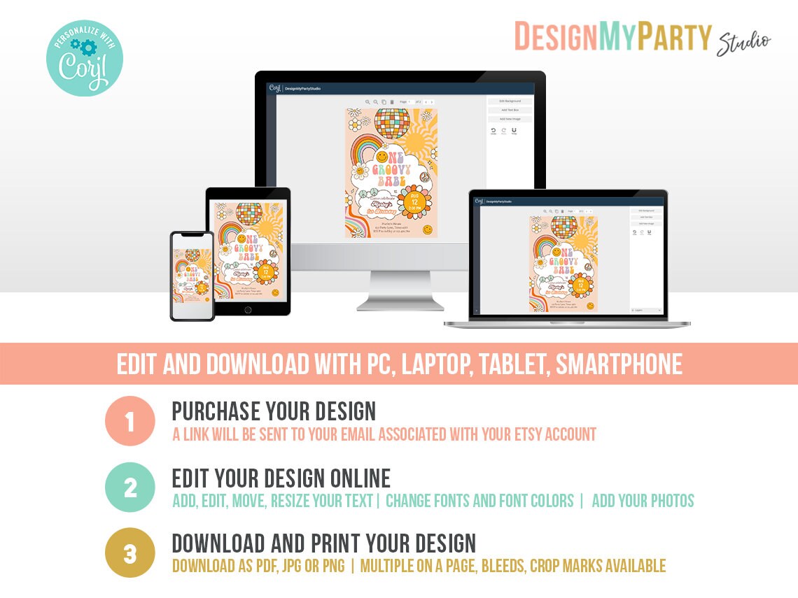 Groovy Birthday Invitation Bundle Groovy Invitation Kit Retro Birthday Rainbow Party Pack Flower Power Daisy Printable Corjl Template 0459