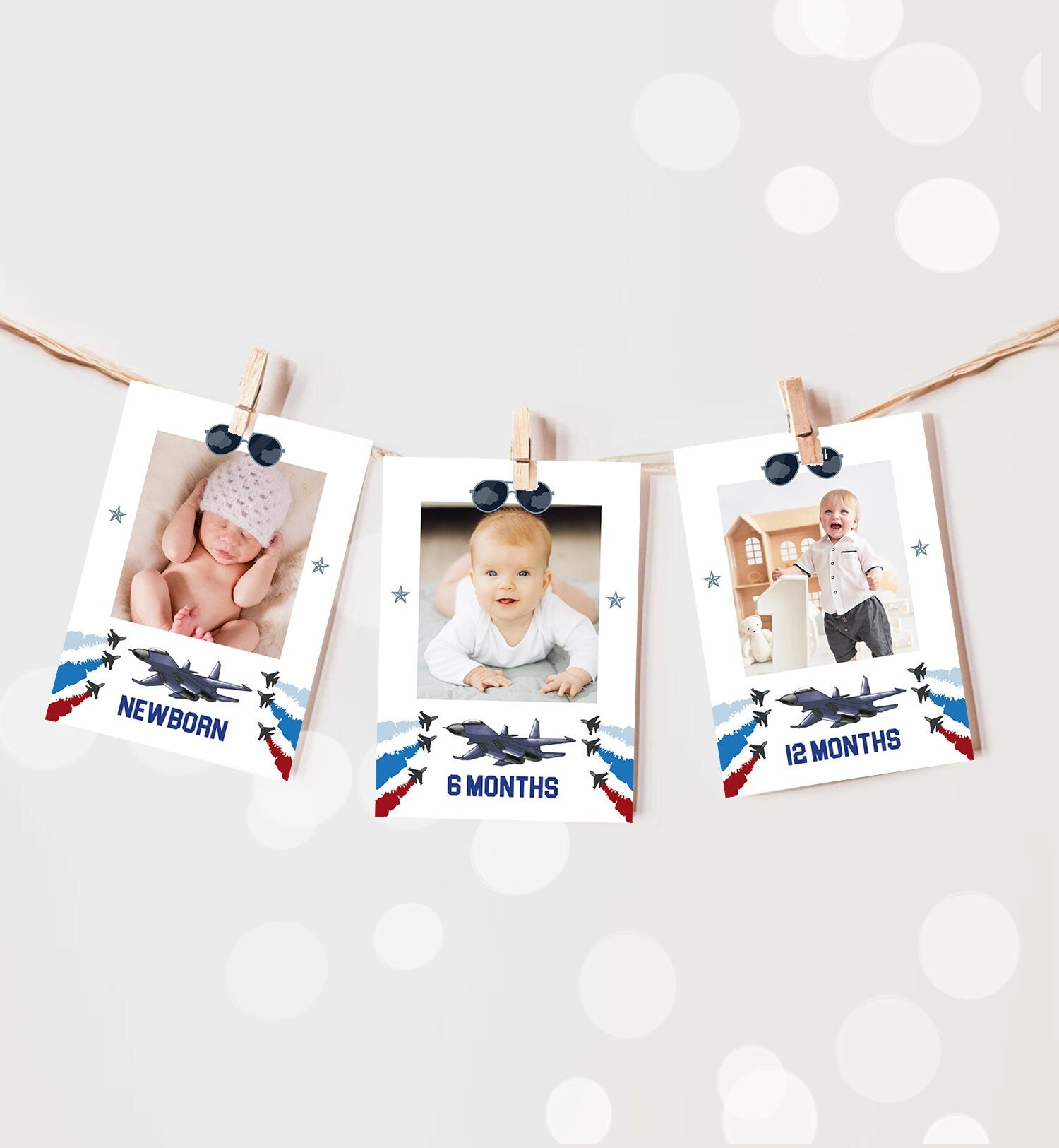 Editable First Year Photo Banner Fighter Pilot Monthly Pictures Banner 1st Birthday Boy Top One Airplane Aviator Decor Corjl Template 0469