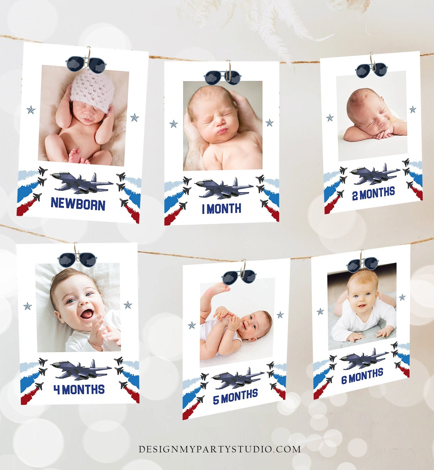 Editable First Year Photo Banner Fighter Pilot Monthly Pictures Banner 1st Birthday Boy Top One Airplane Aviator Decor Corjl Template 0469