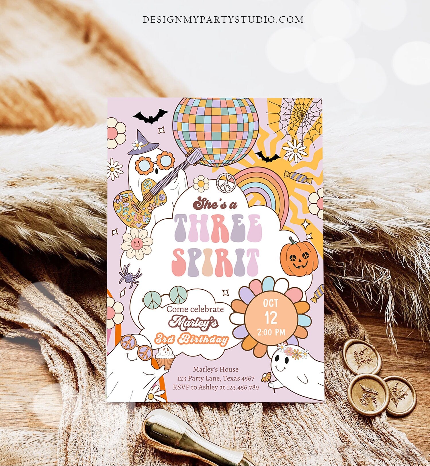 Editable Groovy Halloween Three Spirit Birthday Invitation 3rd Pink Ghost Party Girl Boo Spooktacular Download Printable Template Corjl 0471