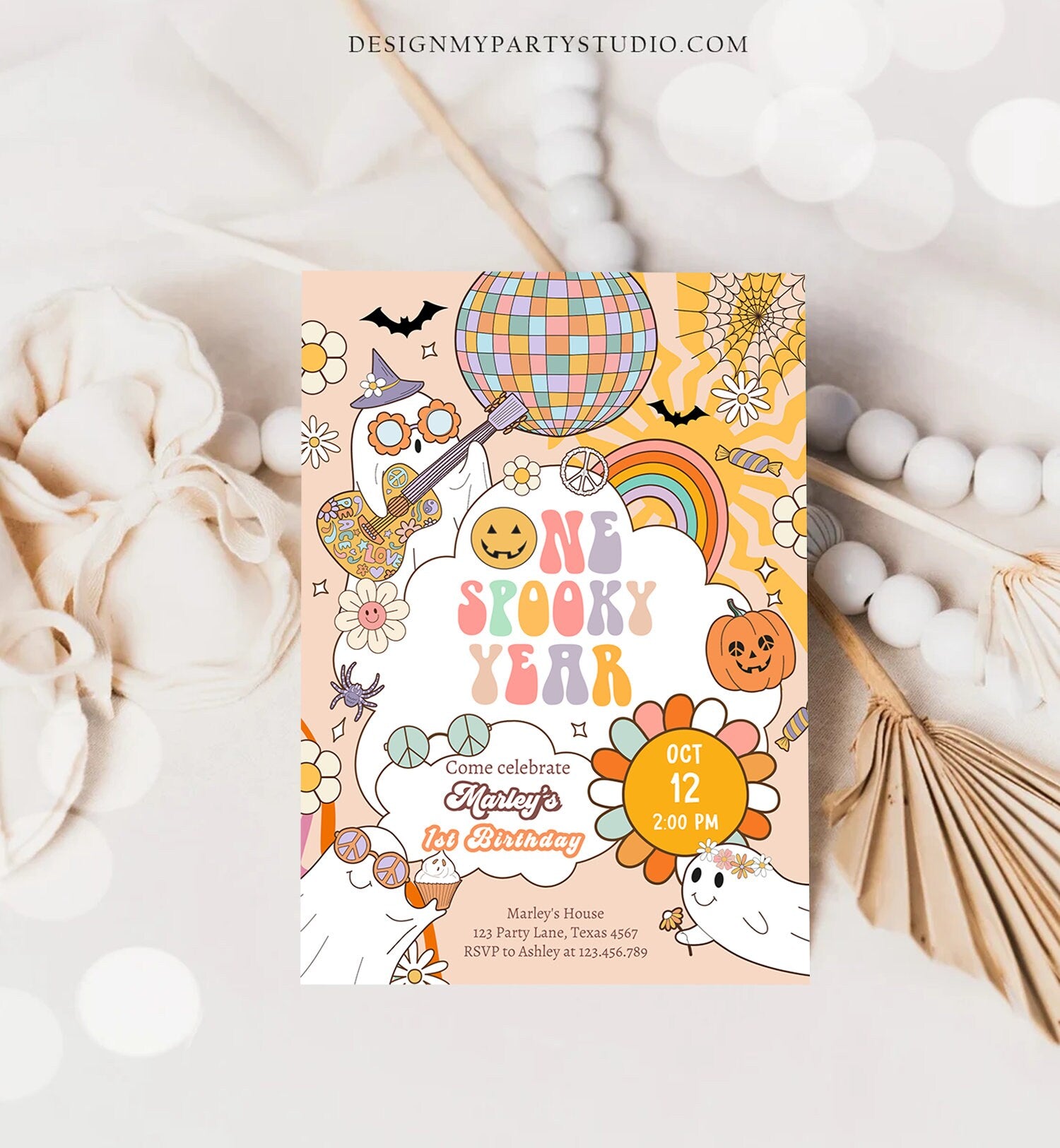 Editable One Spooky Year Groovy Halloween 1st Birthday Invitation Pink Ghost Girl Spooktacular Download Printable Template Corjl 0009 0471