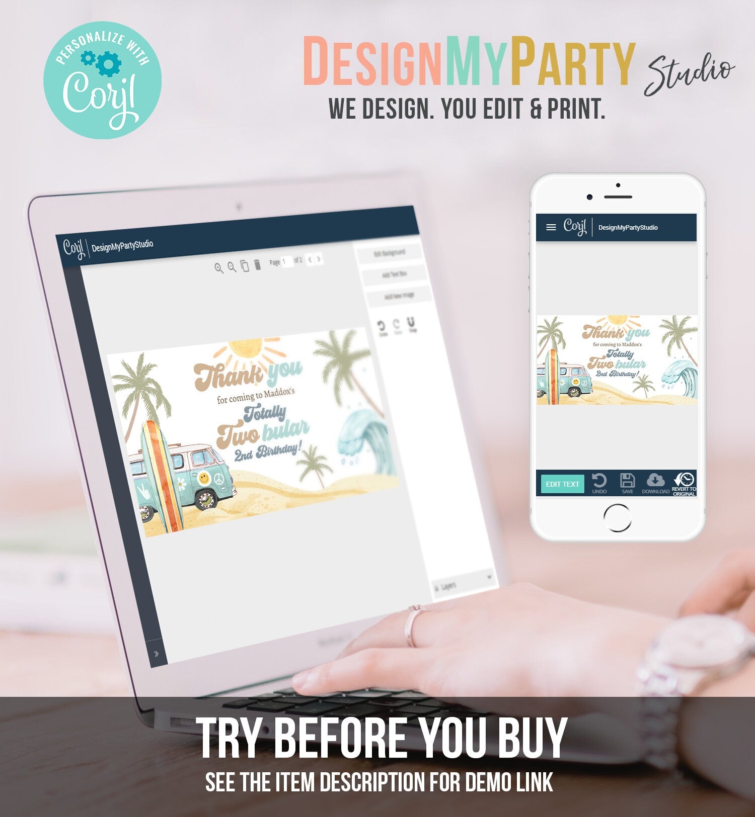 Editable Surf Gable Box Favor Label Surf Birthday Favor Box Label Boy Totally Twobular Retro Surfboard Digital Download Printable Corjl 0433