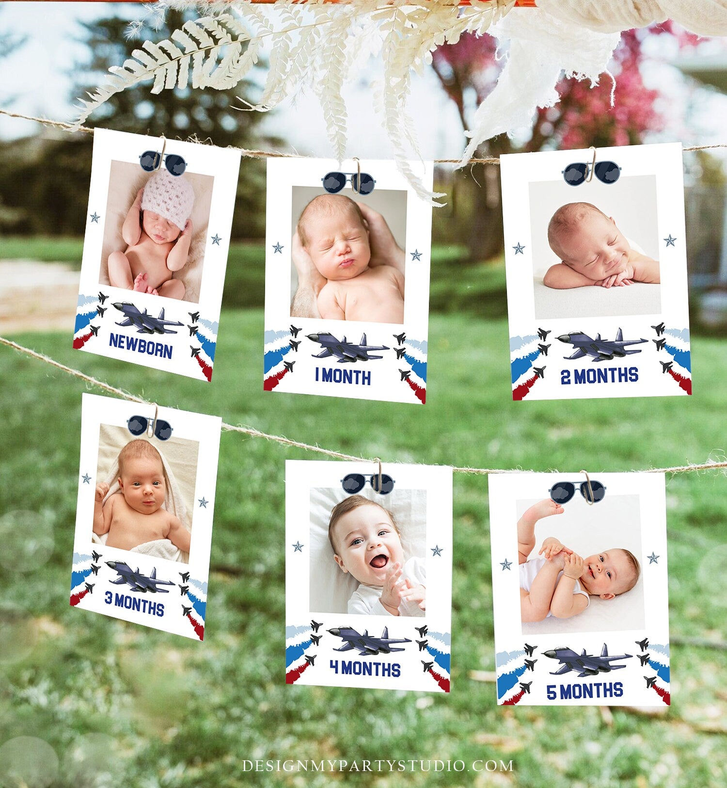 Editable First Year Photo Banner Fighter Pilot Monthly Pictures Banner 1st Birthday Boy Top One Airplane Aviator Decor Corjl Template 0469
