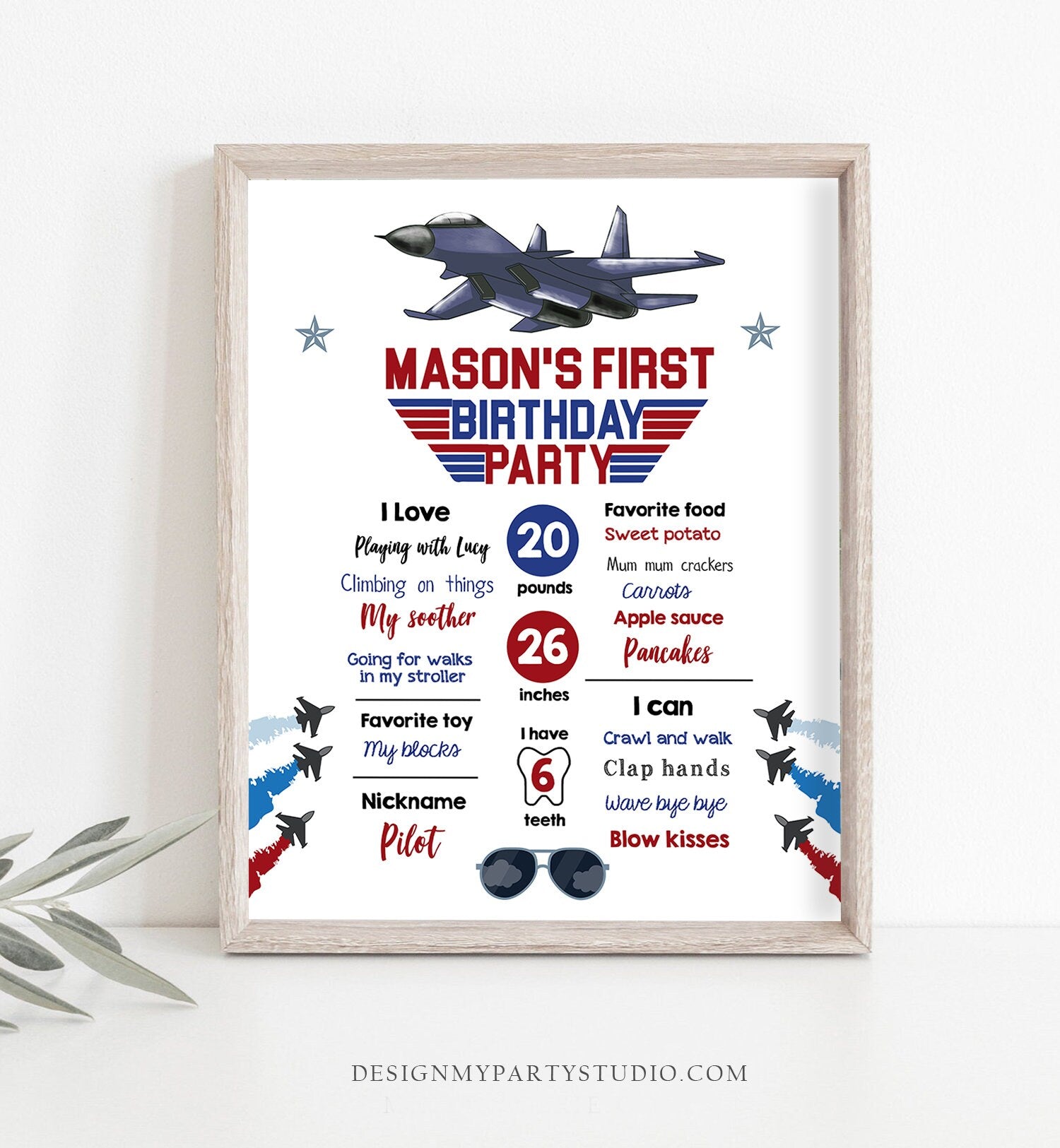Editable Airplane Birthday Milestones Sign Aircraft Sky First Birthday Boy 1st Fighter Pilot Aviator Jet Template Printable Corjl 0469
