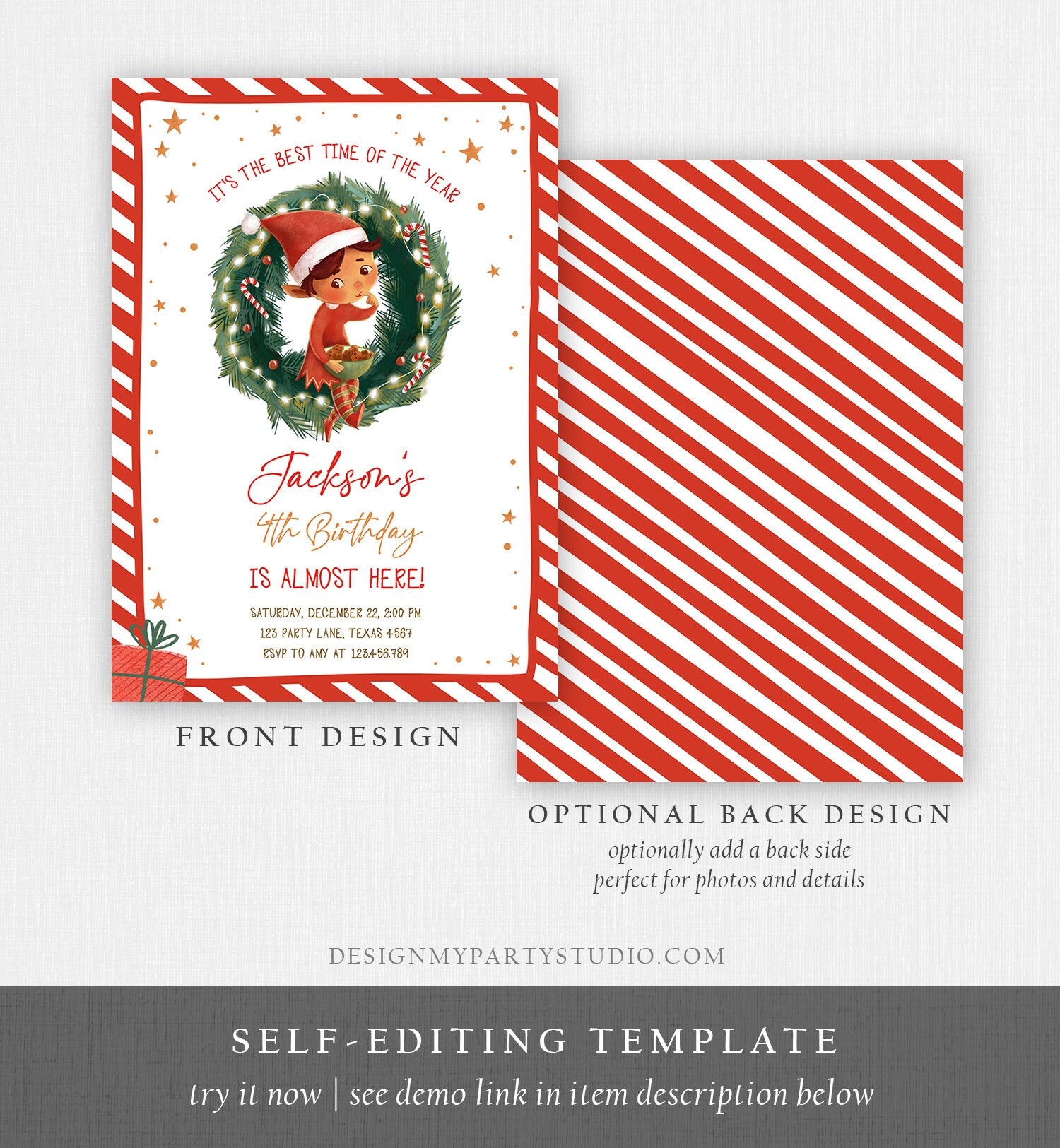 Editable Christmas Birthday Party Invitation Elf Birthday Invite Winter Best Time of The Year Boy Red Gold Printable Template DIY 0481