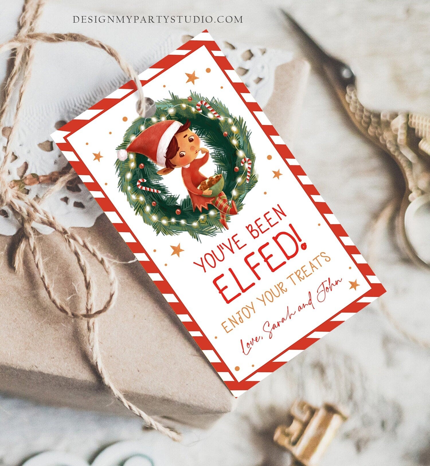 Editable You've Been Elfed Christmas Thank You Favor Tag Cookie Gift Teacher Santa Claus Jingle Elf Holiday Printable Template 0443 0481