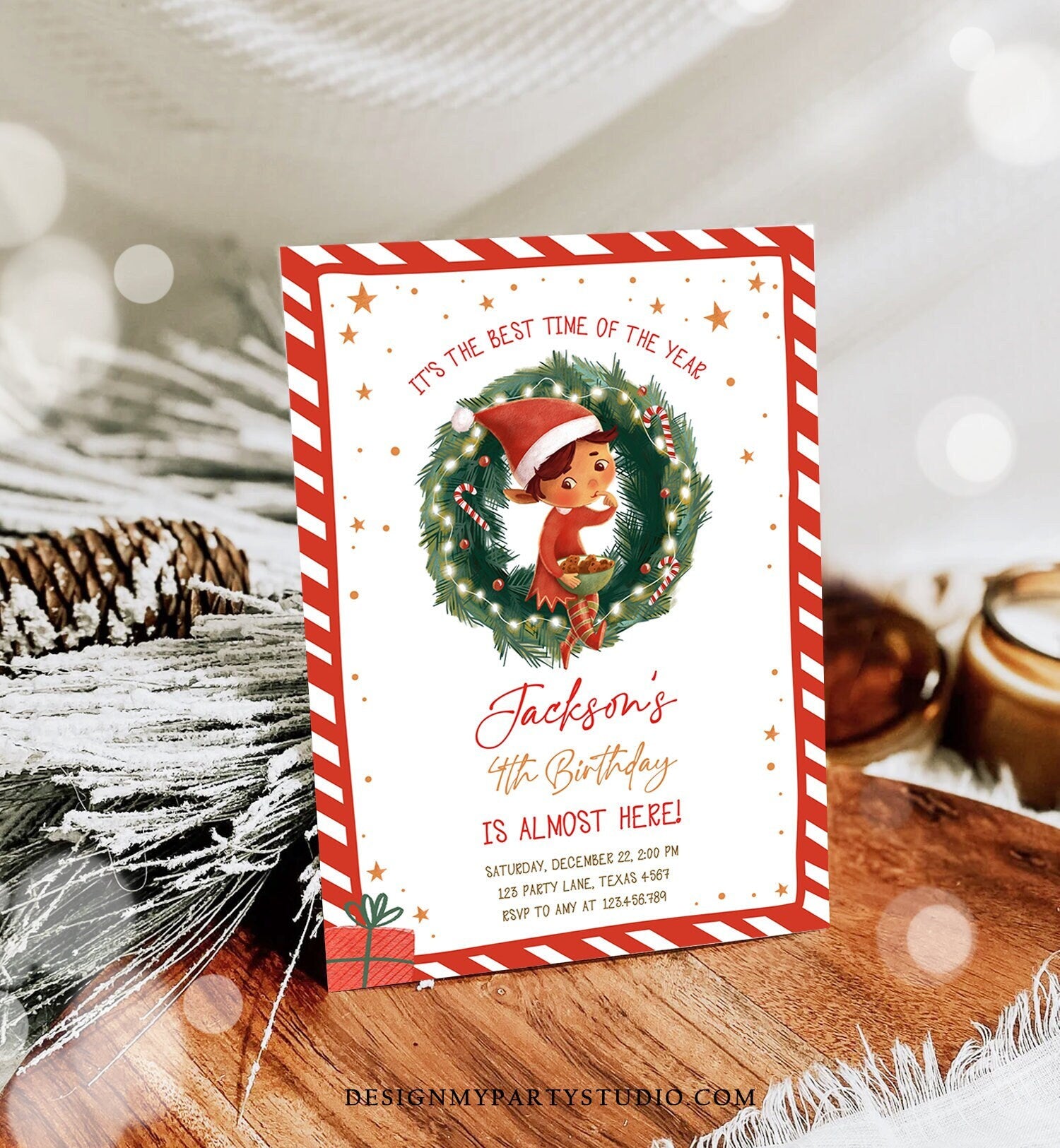 Editable Christmas Birthday Party Invitation Elf Birthday Invite Winter Best Time of The Year Boy Red Gold Printable Template DIY 0481