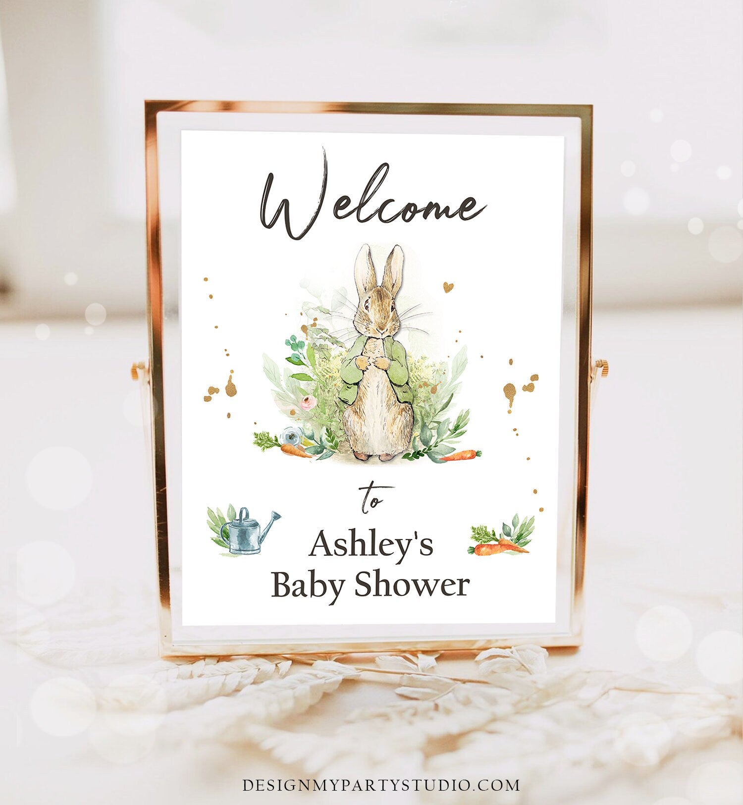Editable Peter Rabbit Welcome Sign Baby Shower Welcome Peter Rabbit Watercolor Bunny Green Gender Neutral Printable Template PRINTABLE 0351